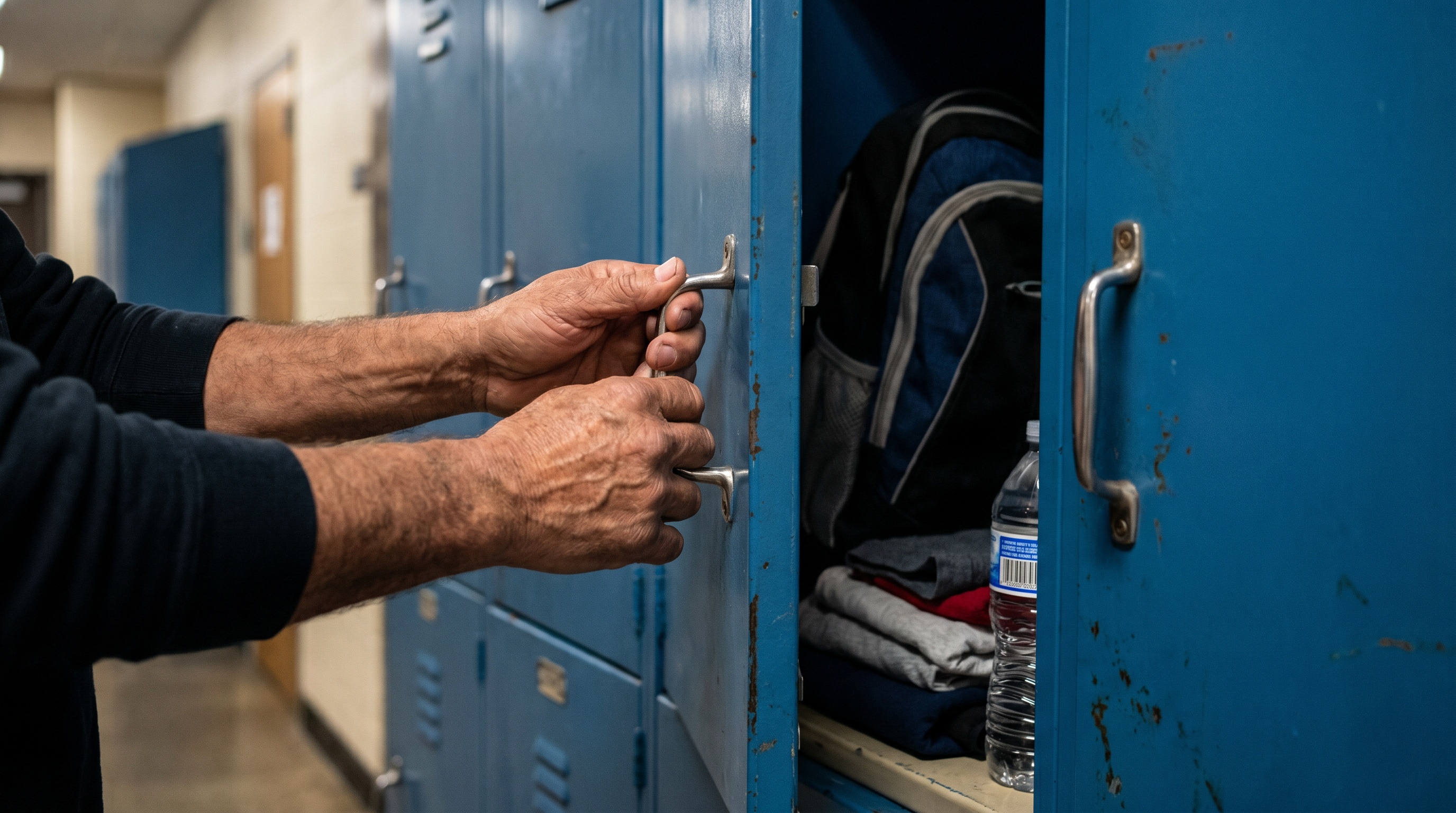 close-up of hands opening a storage locker handle with items visible inside