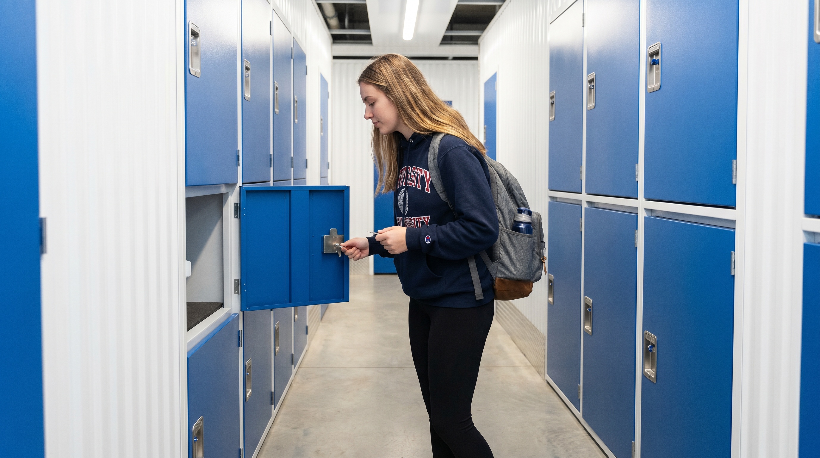 college student opening a small storage locker in a clean facility