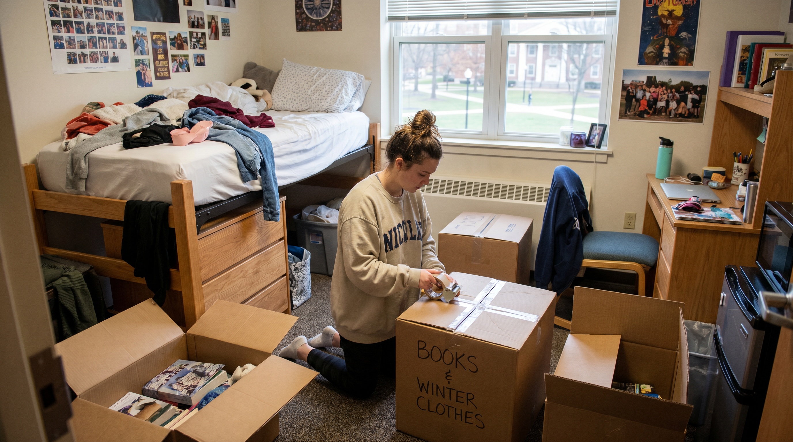 College student packing boxes in dorm room