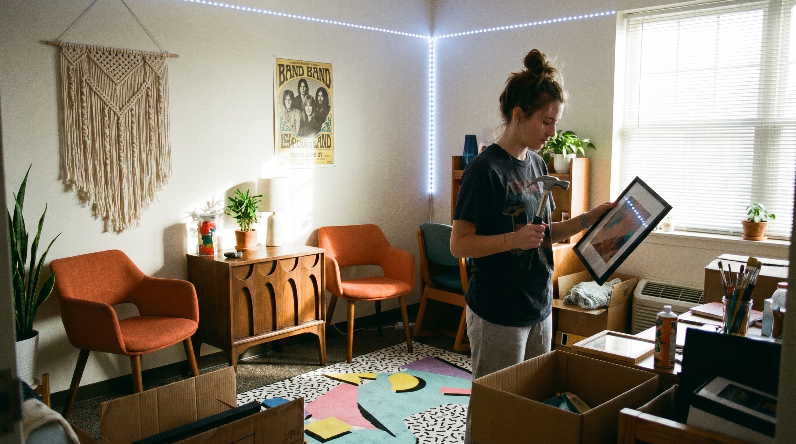 college student decorating dorm room with various design style elements