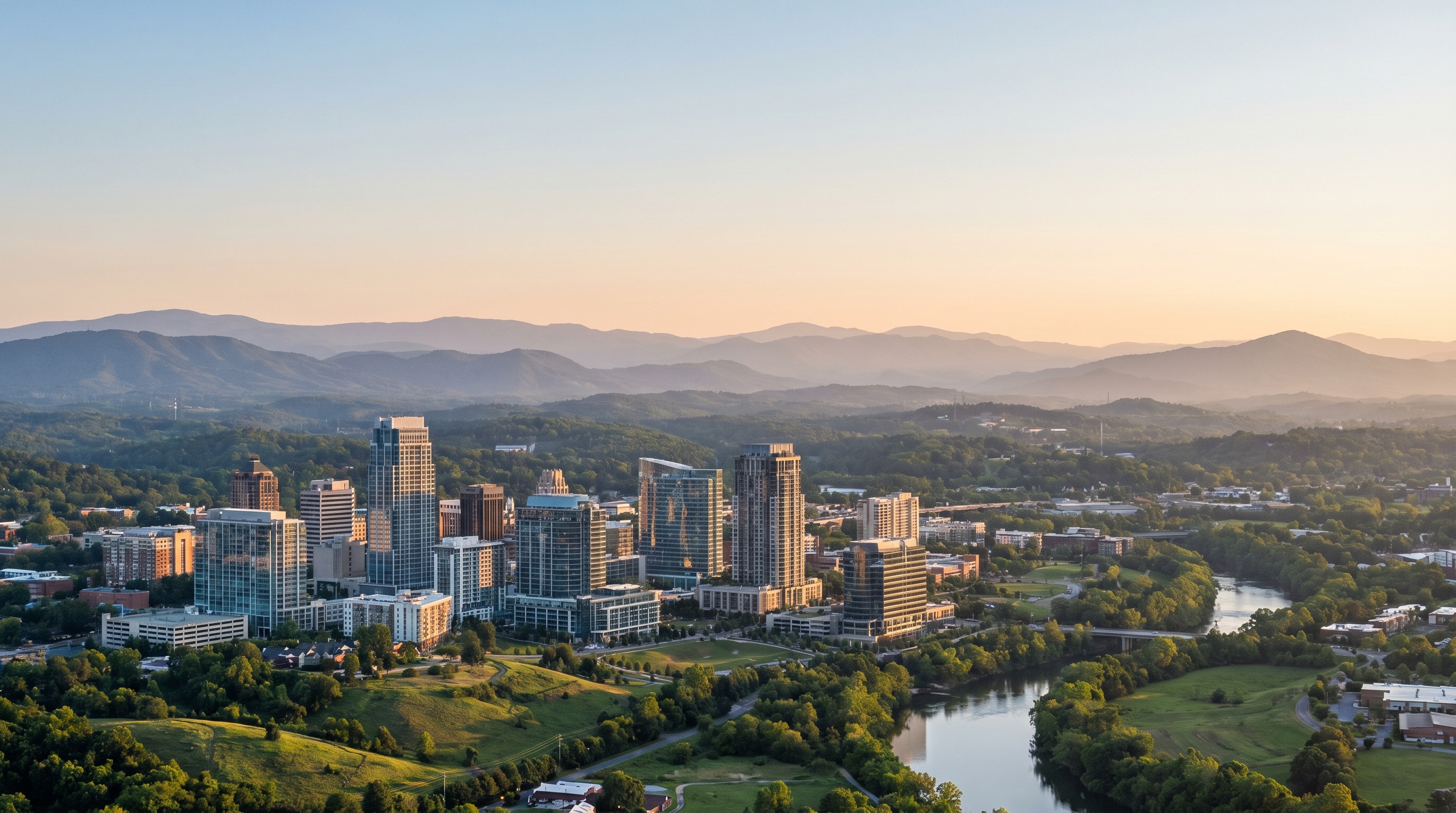 North Carolina cityscape with Blue Ridge Mountains