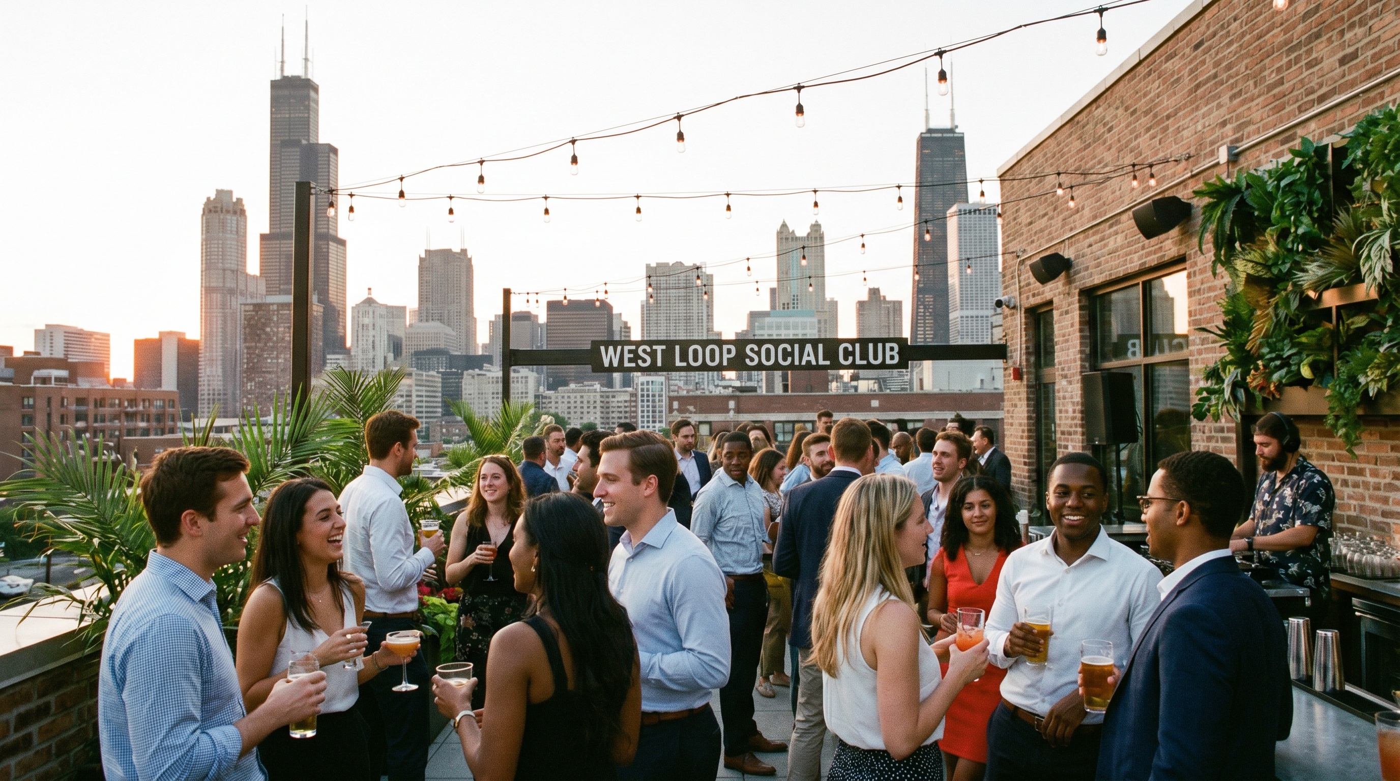 Young professionals socializing at a rooftop bar in West Loop with Chicago skyline in background