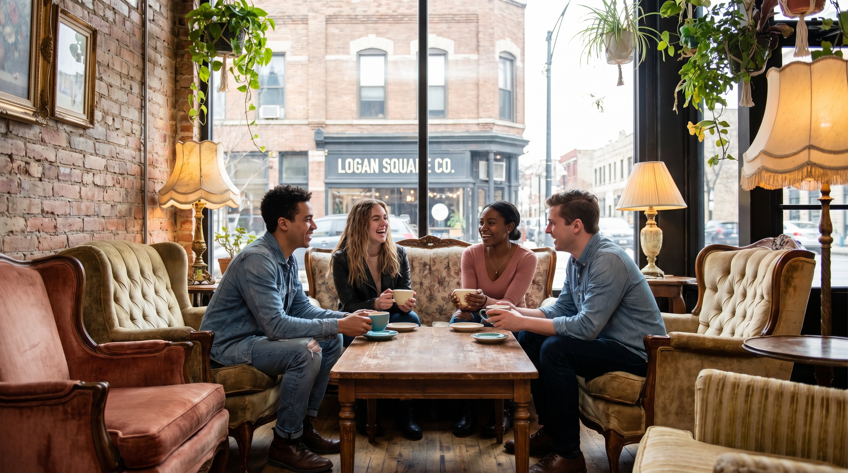 Young professionals enjoying coffee at a trendy cafe in Logan Square with vintage decor