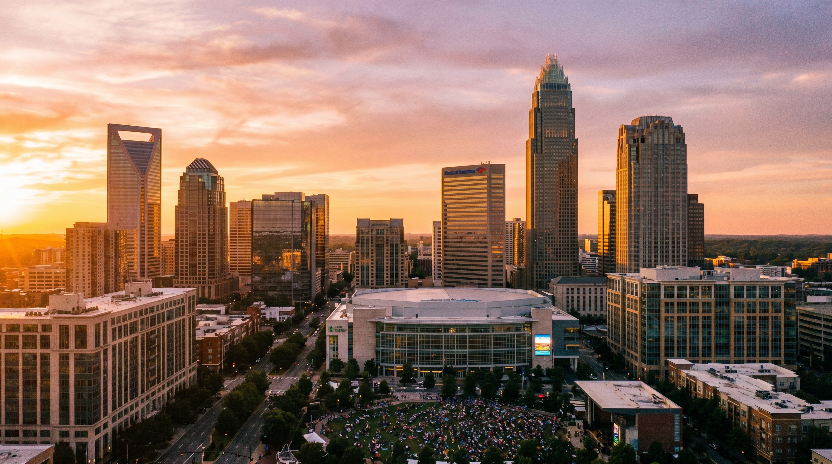 Charlotte North Carolina skyline with downtown buildings during golden hour