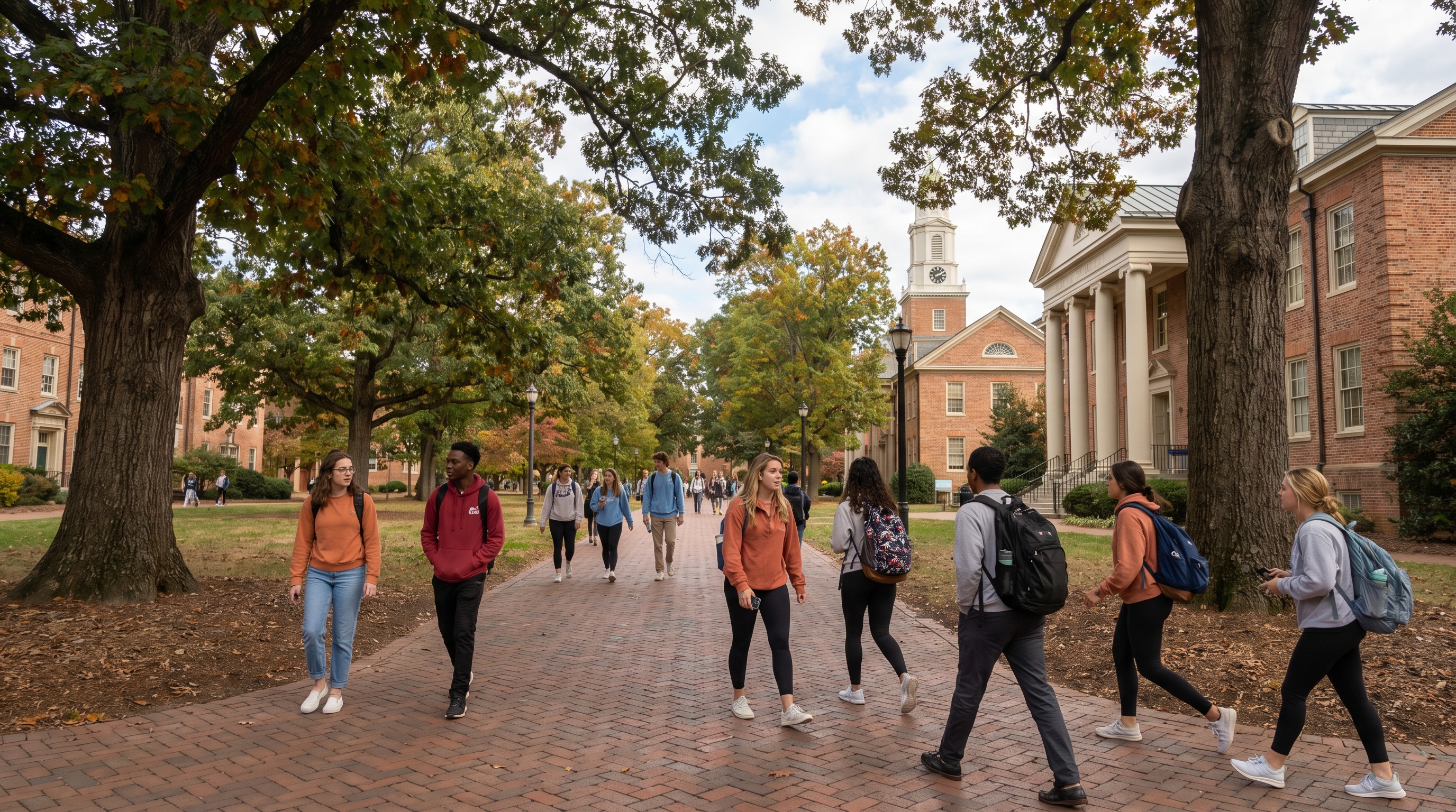 Students walking along tree-lined path on university campus in North Carolina