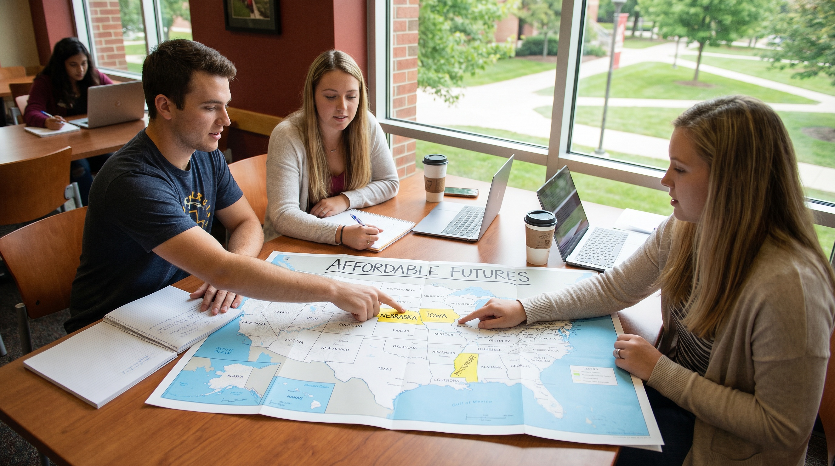 College students planning their future with a map of affordable states
