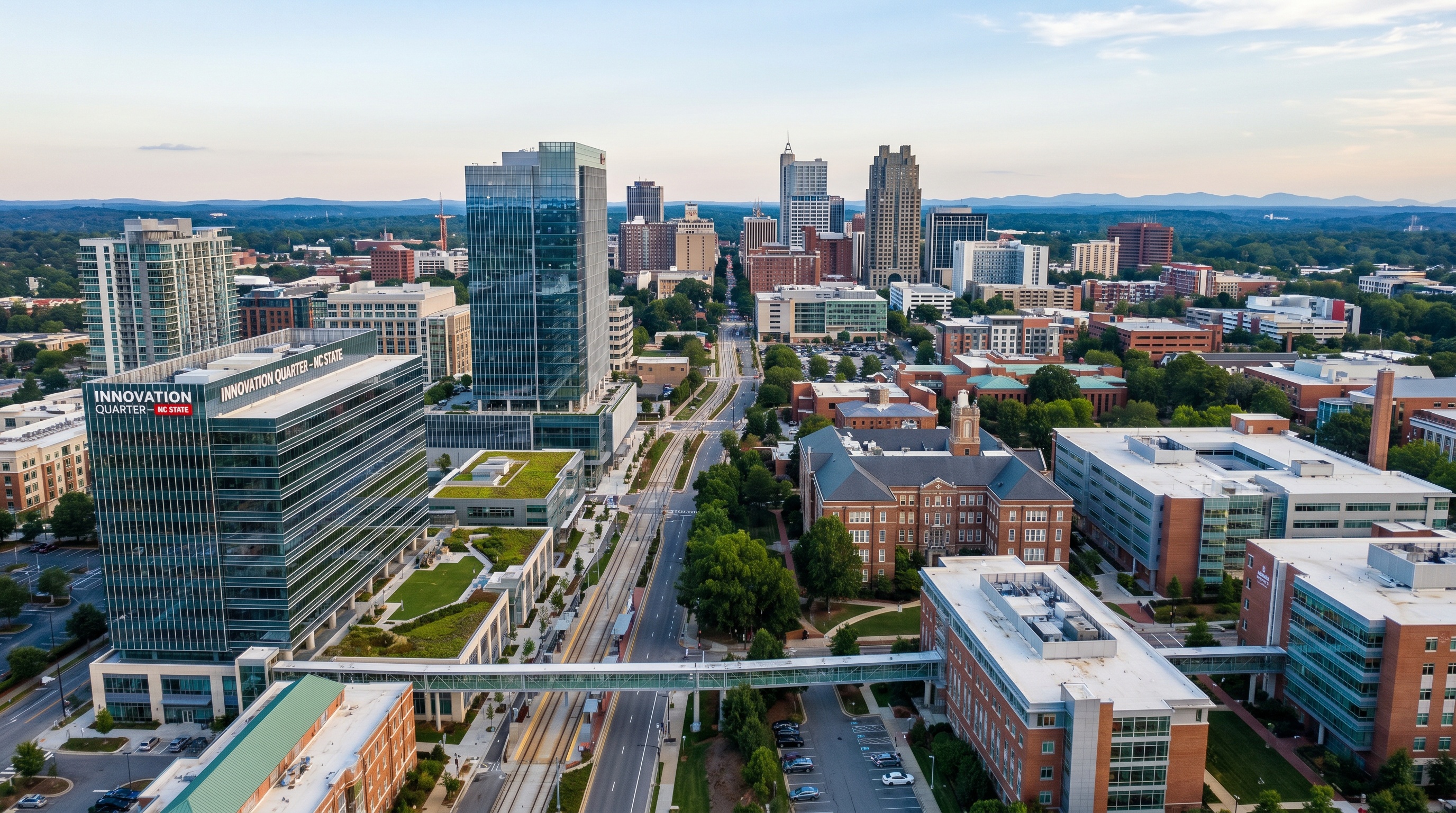 Modern North Carolina city skyline with college campus