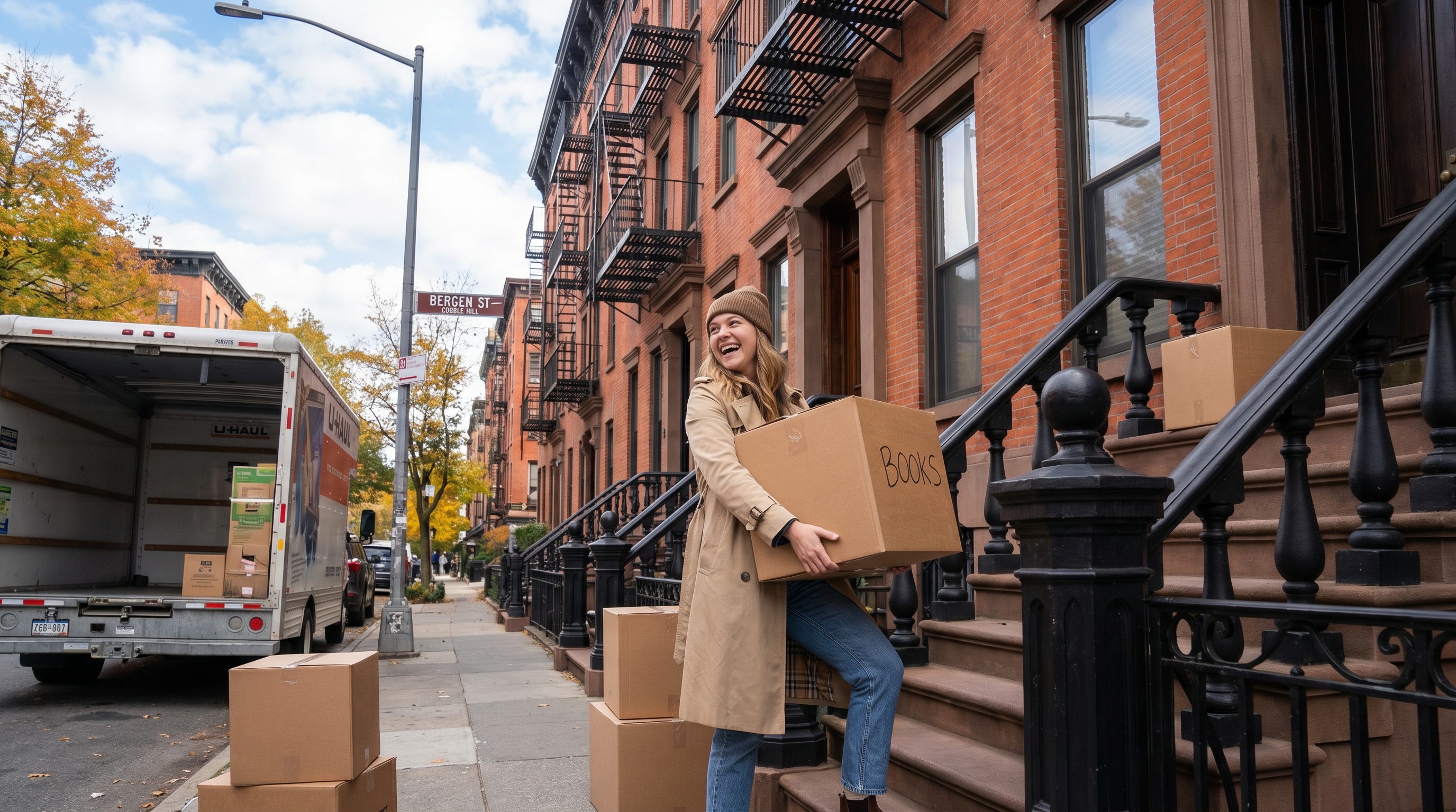 young professional moving boxes in front of a Brooklyn apartment building