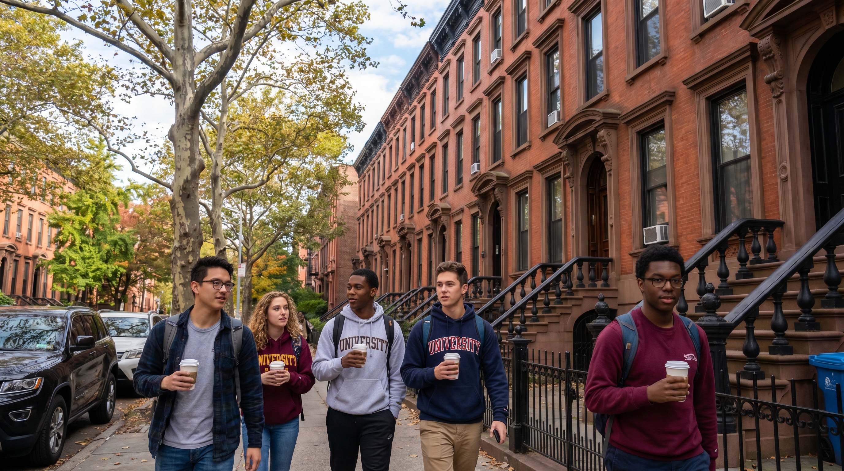 young college students walking on a Brooklyn street with brownstone buildings in the background