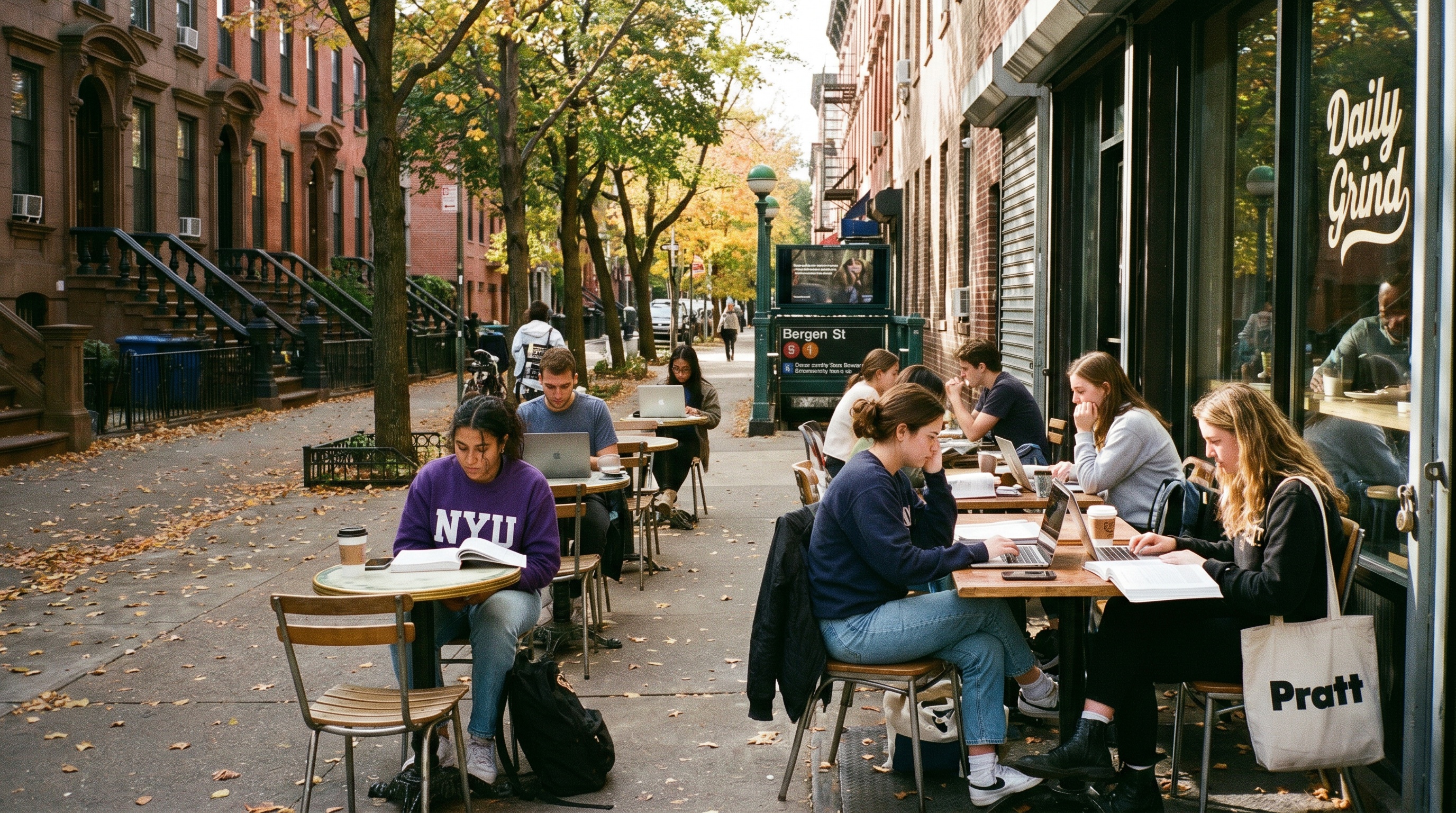 college students studying at an outdoor cafe in a Brooklyn neighborhood