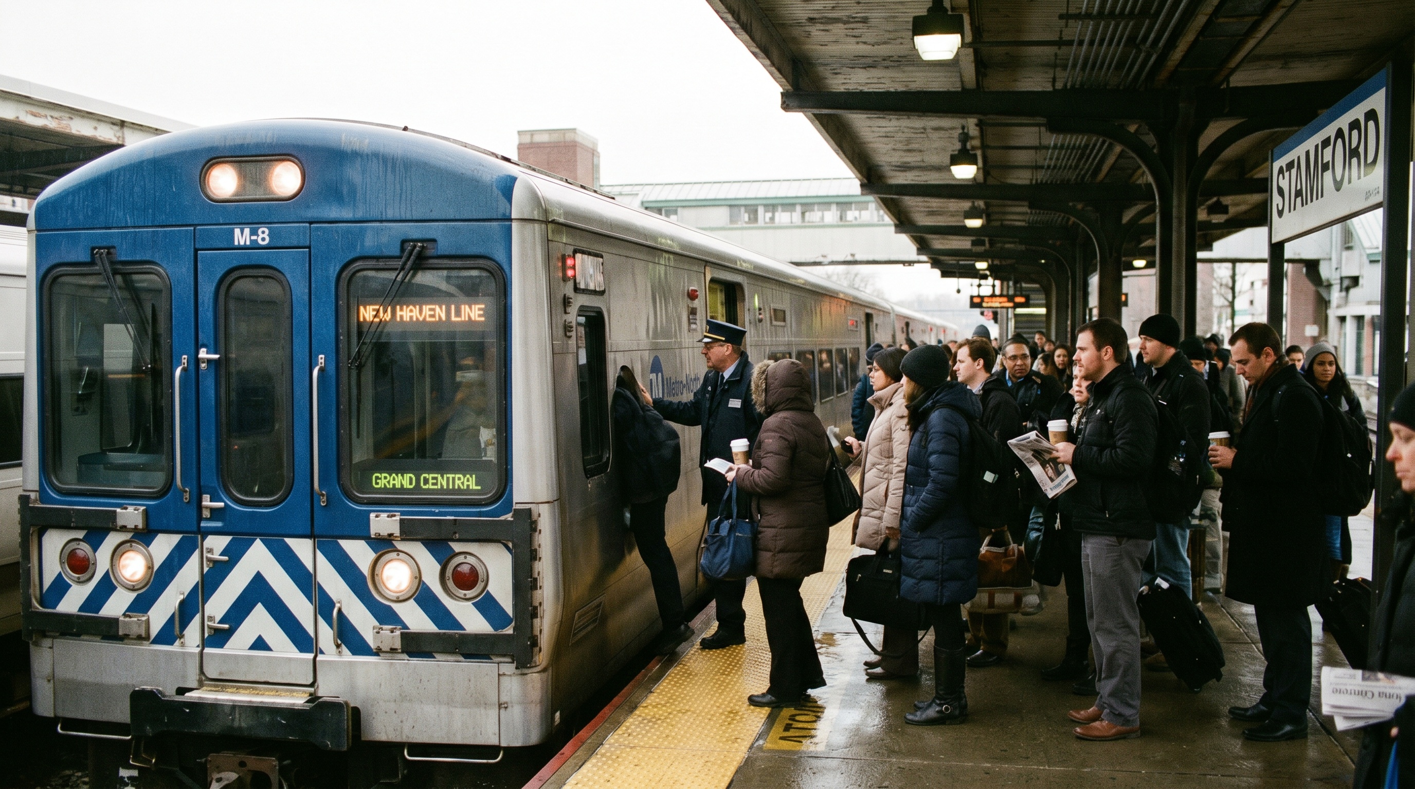 train station platform with commuters boarding Metro-North train, showing typical morning commute scene