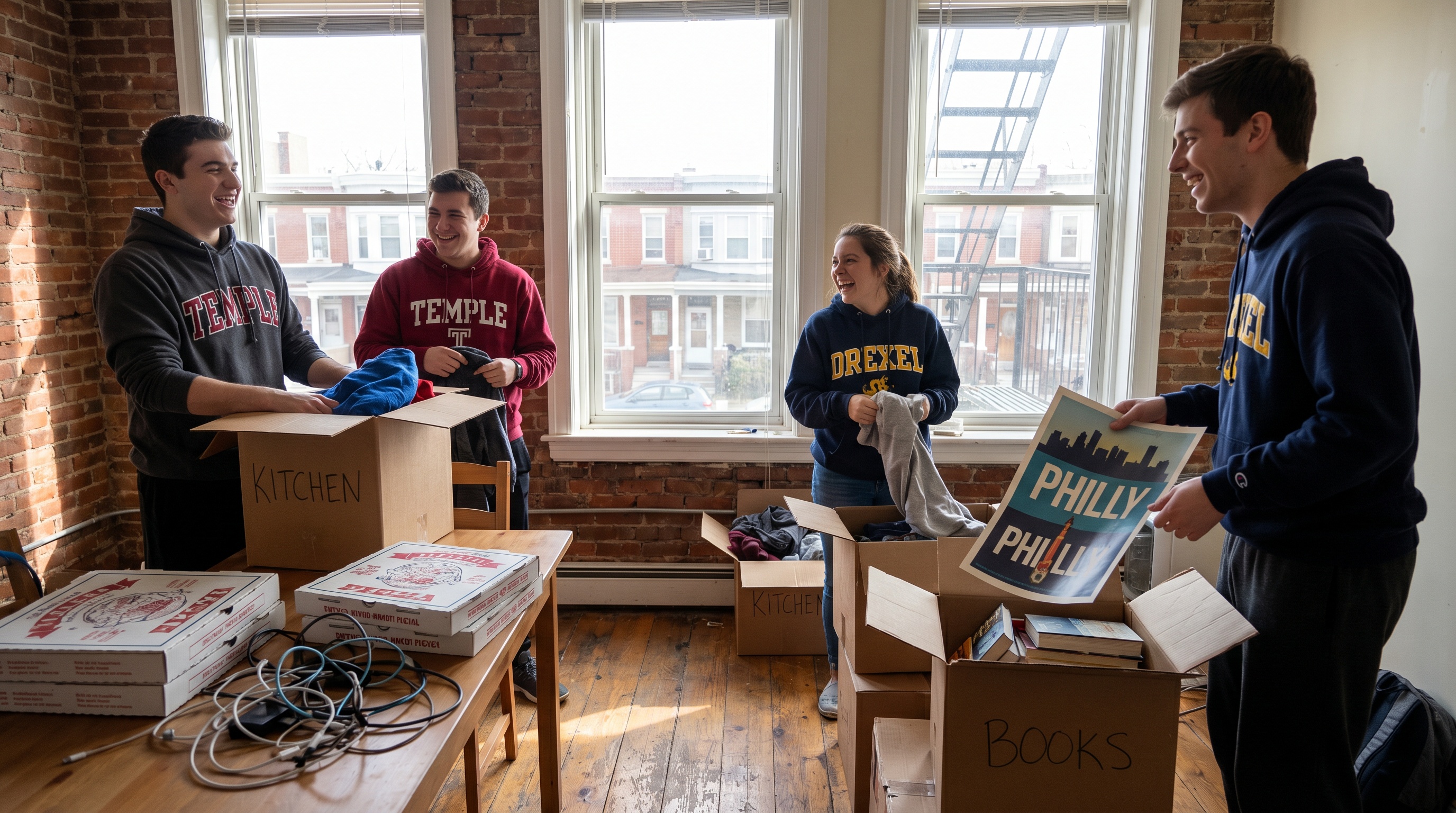 college students unpacking boxes philadelphia apartment