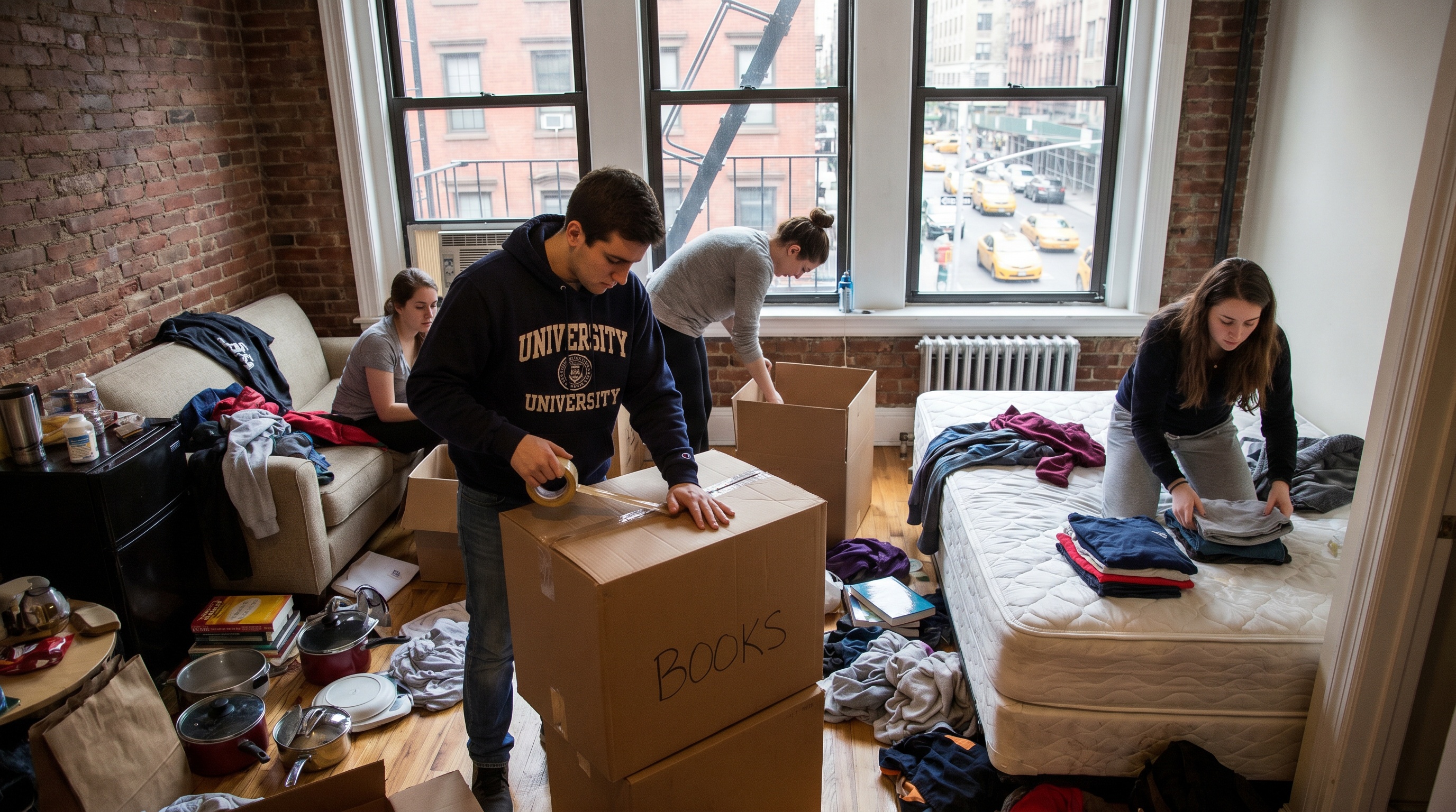 college students packing boxes nyc apartment