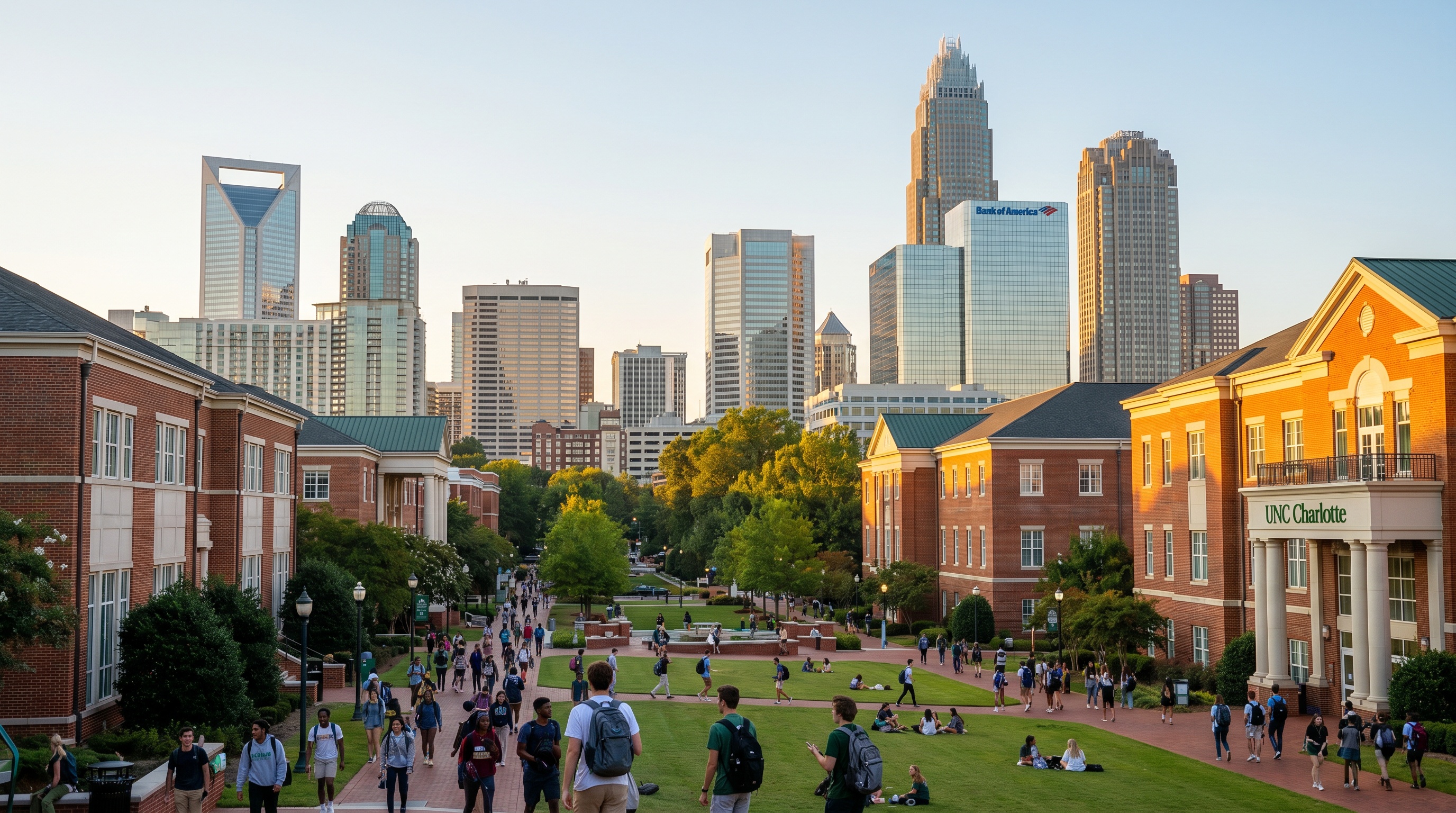 Charlotte skyline with college campus buildings in foreground showing students walking