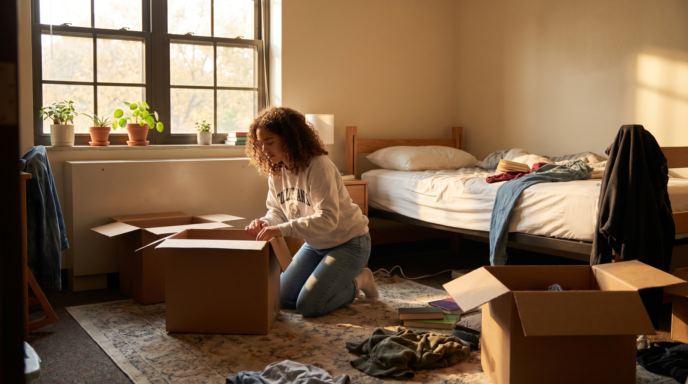 college student unpacking boxes in bright dorm room with natural light streaming through windows