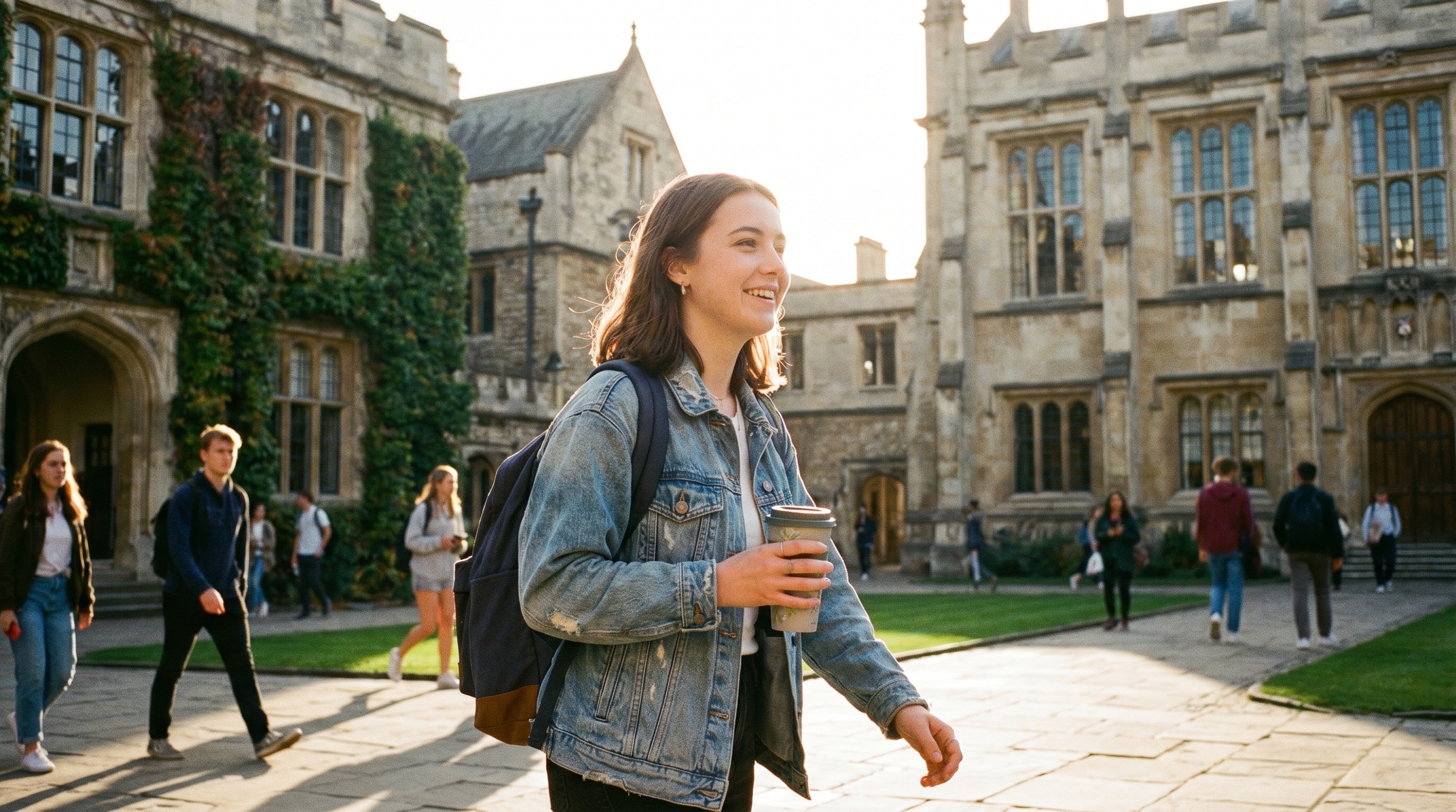 student walking through campus with coffee cup, sunny scene with academic buildings