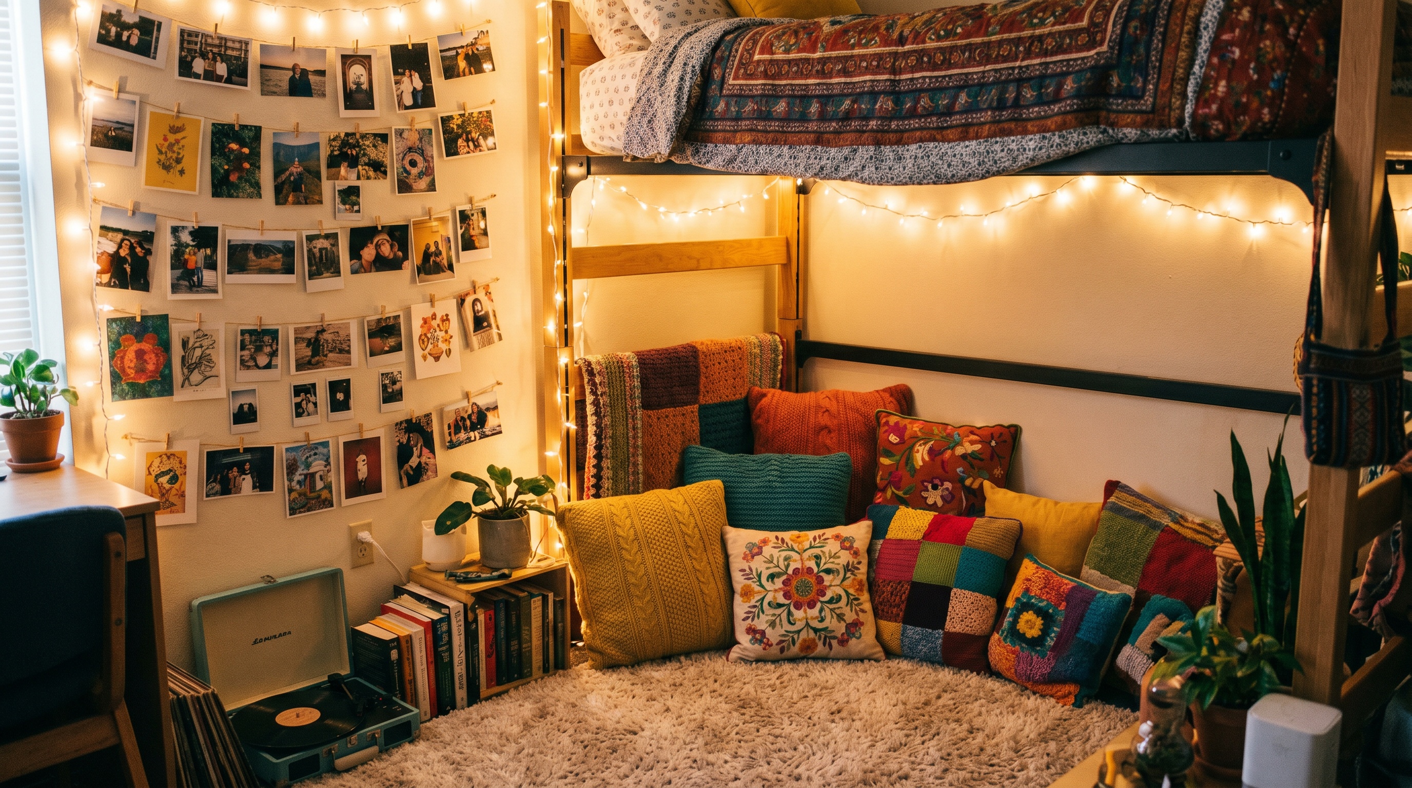 cozy corner of dorm room with string lights, photos, and colorful throw pillows