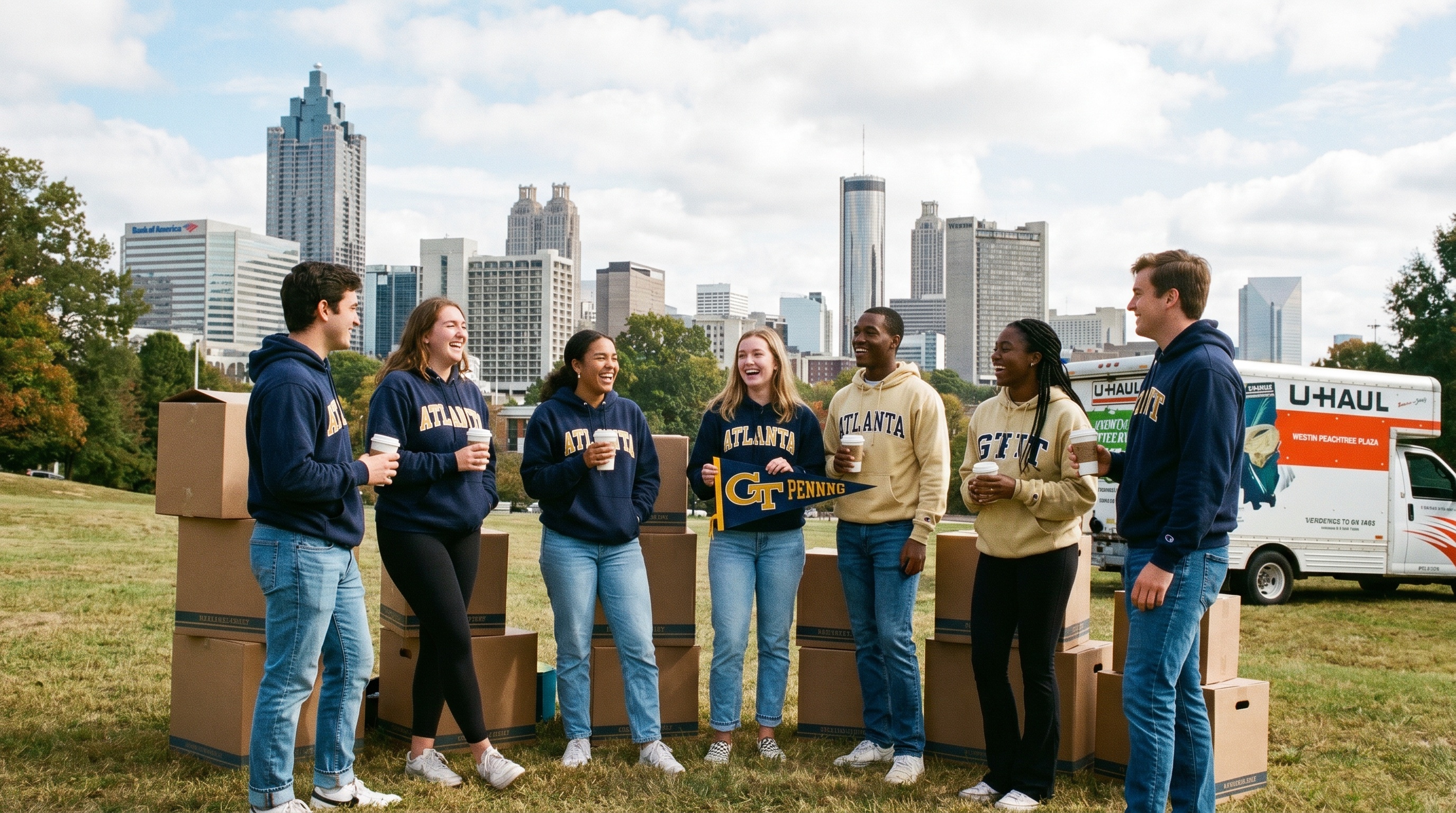 college students with moving boxes in front of Atlanta skyline