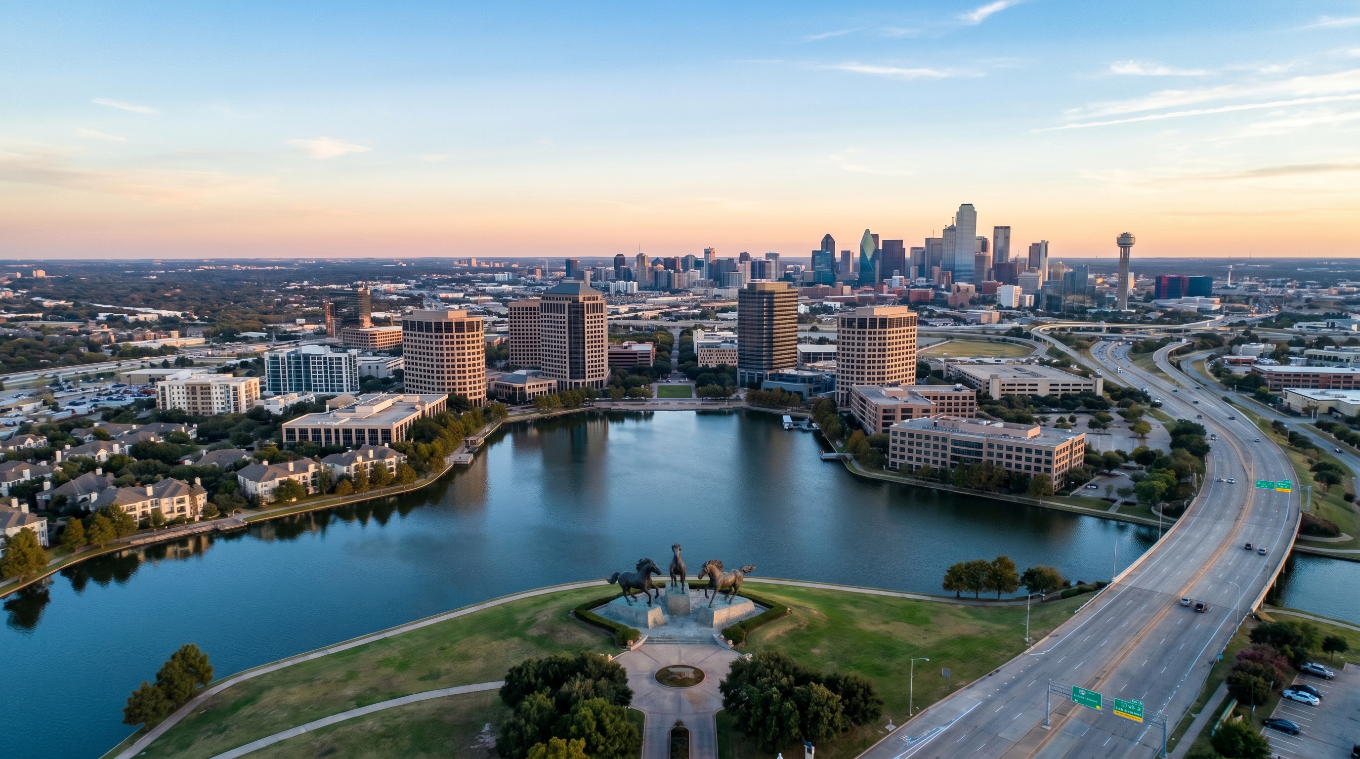 Aerial view of Irving Texas skyline with Dallas in background