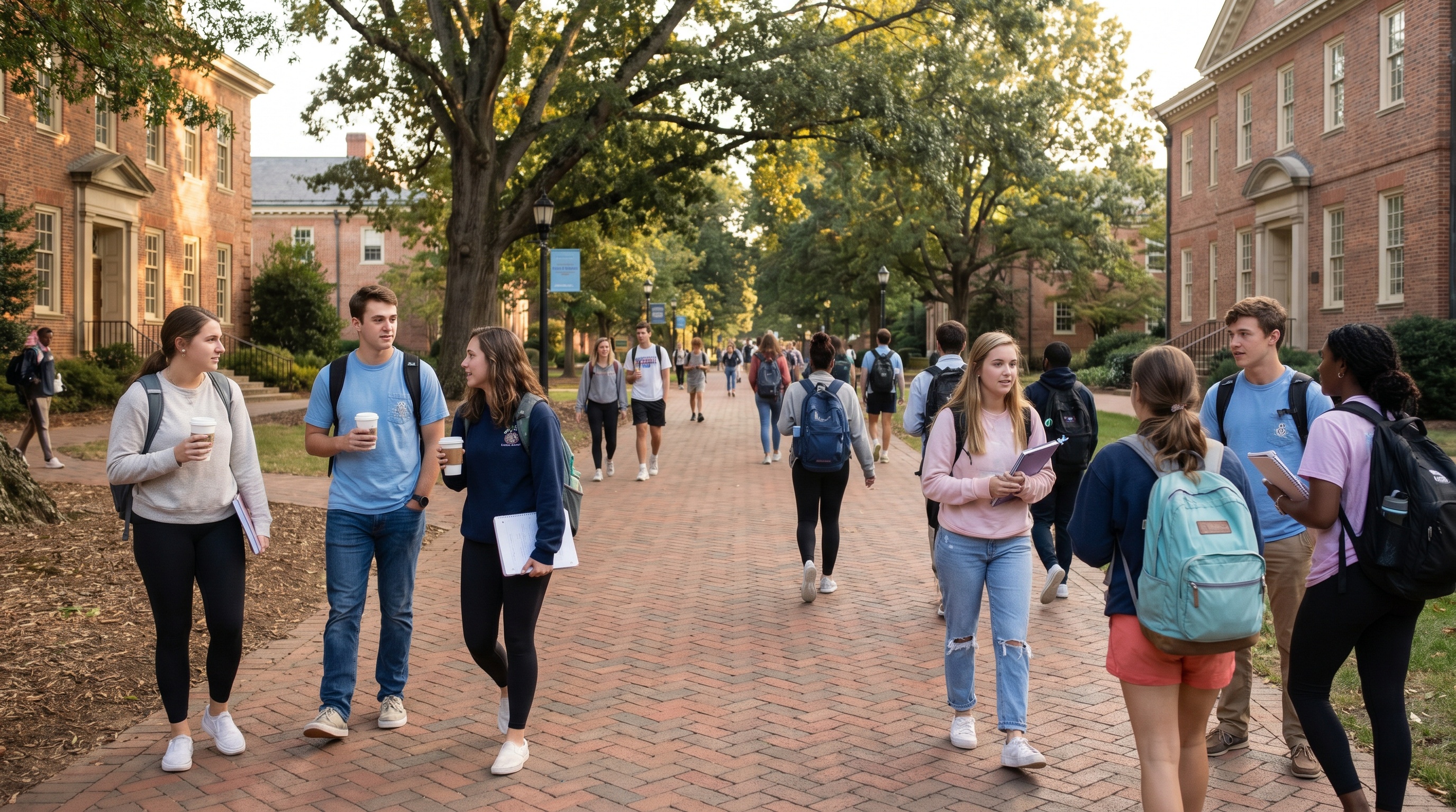 North Carolina college campus with students walking between buildings