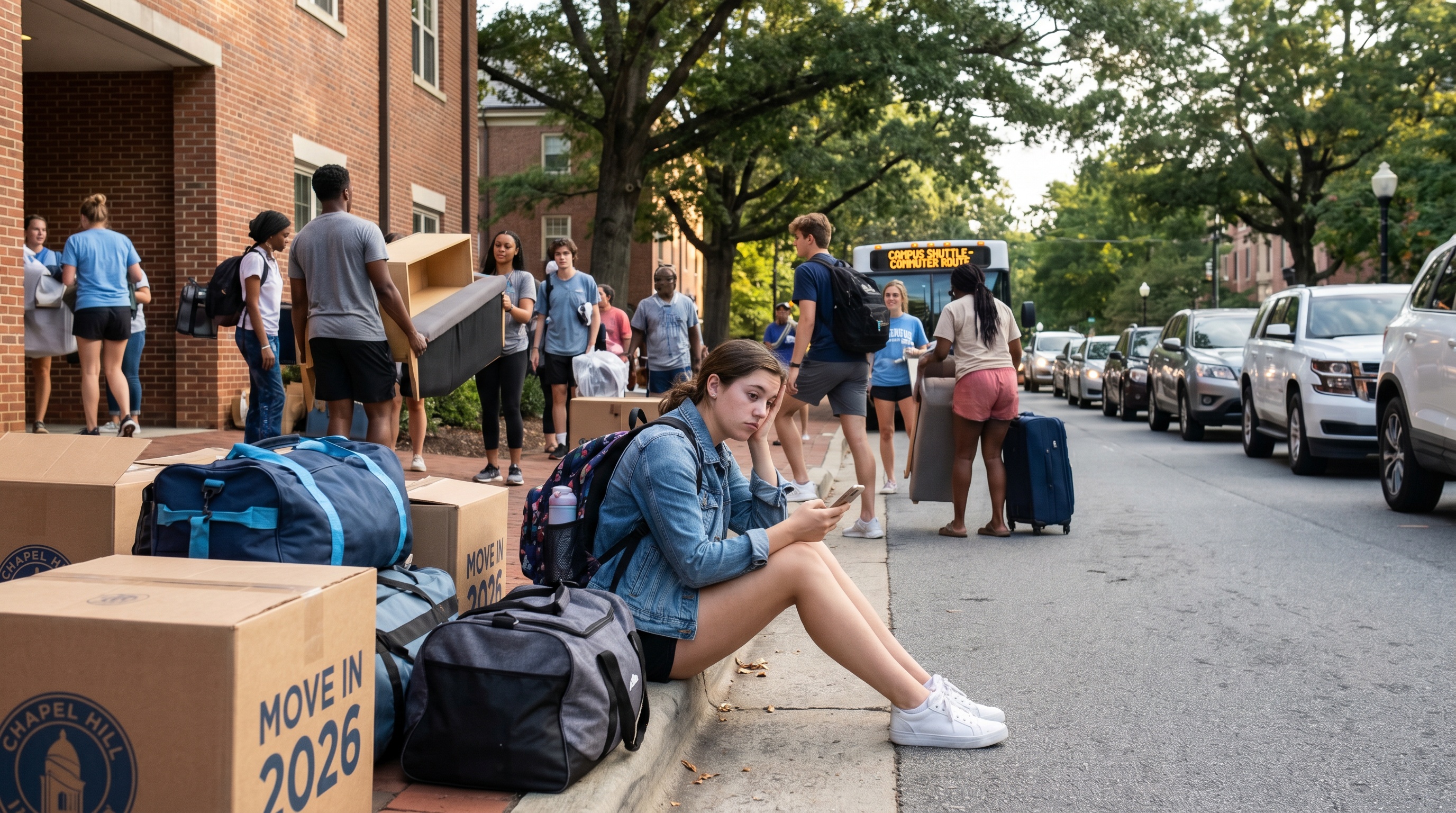 Students moving belongings into a North Carolina college dormitory