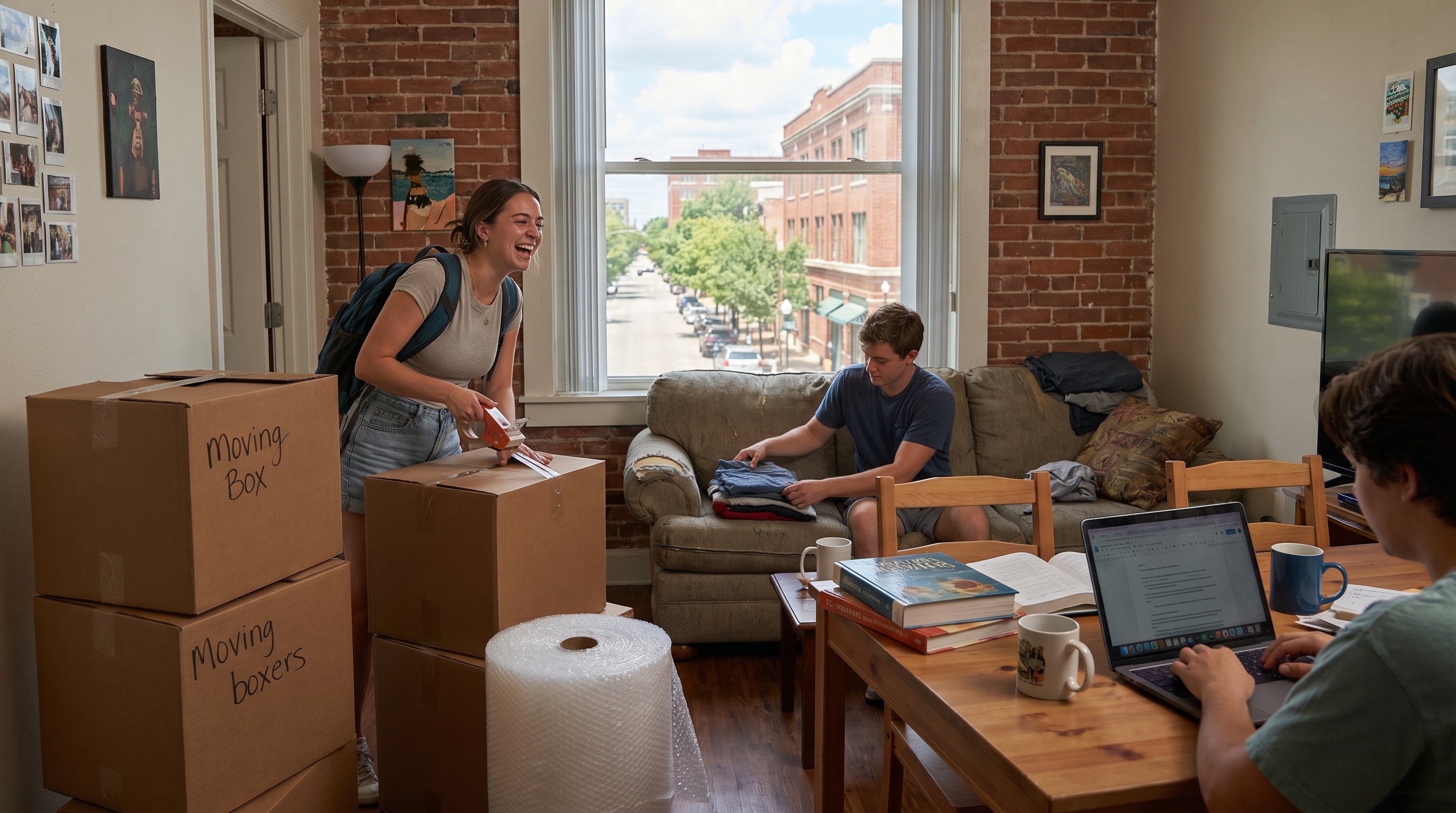 College students studying in a modern Dallas apartment with city view