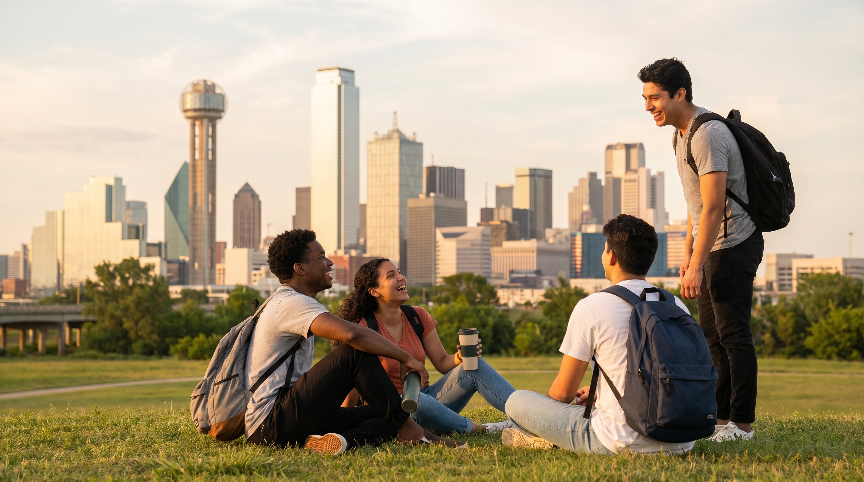 Dallas skyline with college students walking in foreground