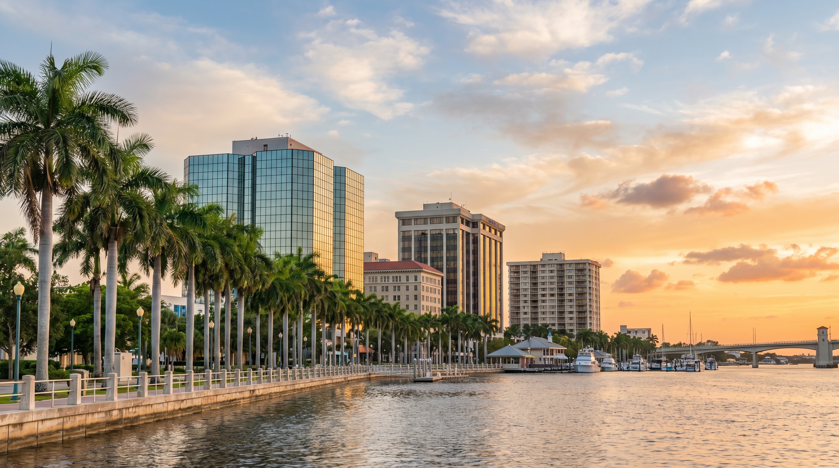 Fort Myers downtown skyline with palm trees and Caloosahatchee River