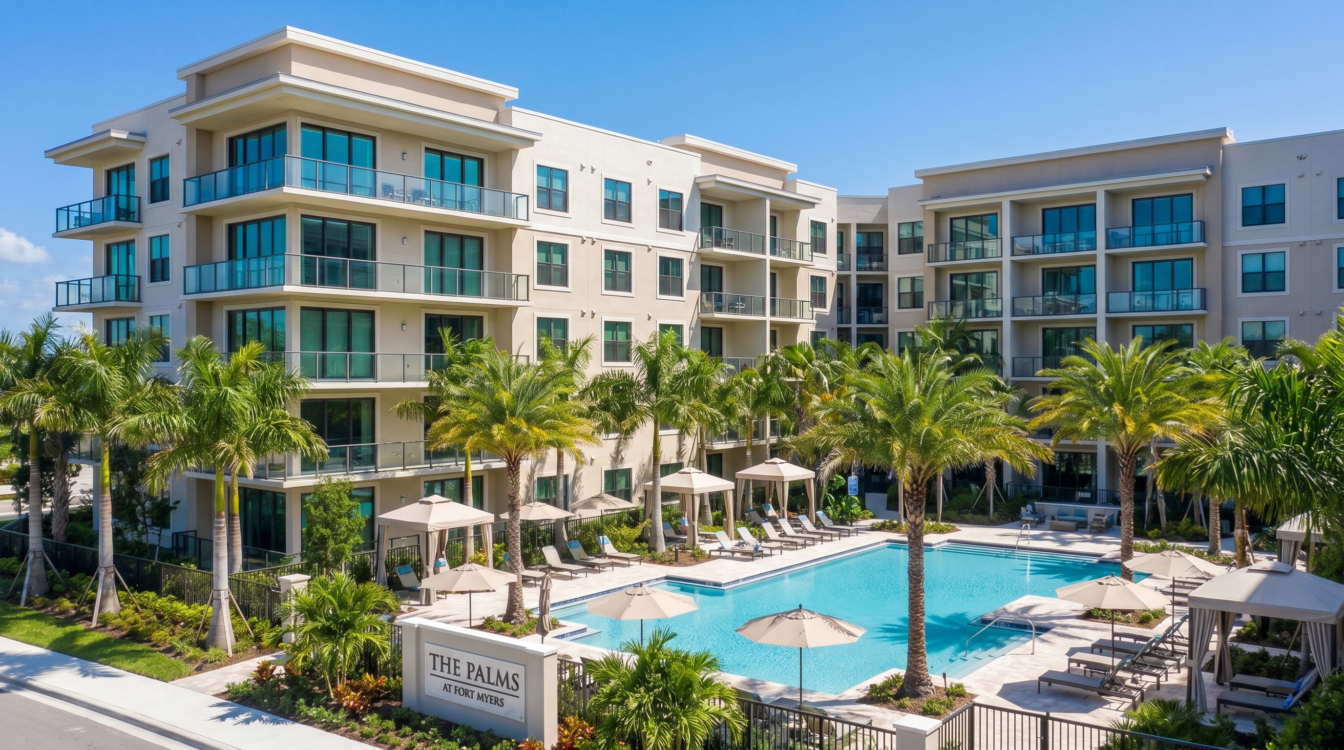 Modern apartment complex with palm trees and pool area in Fort Myers