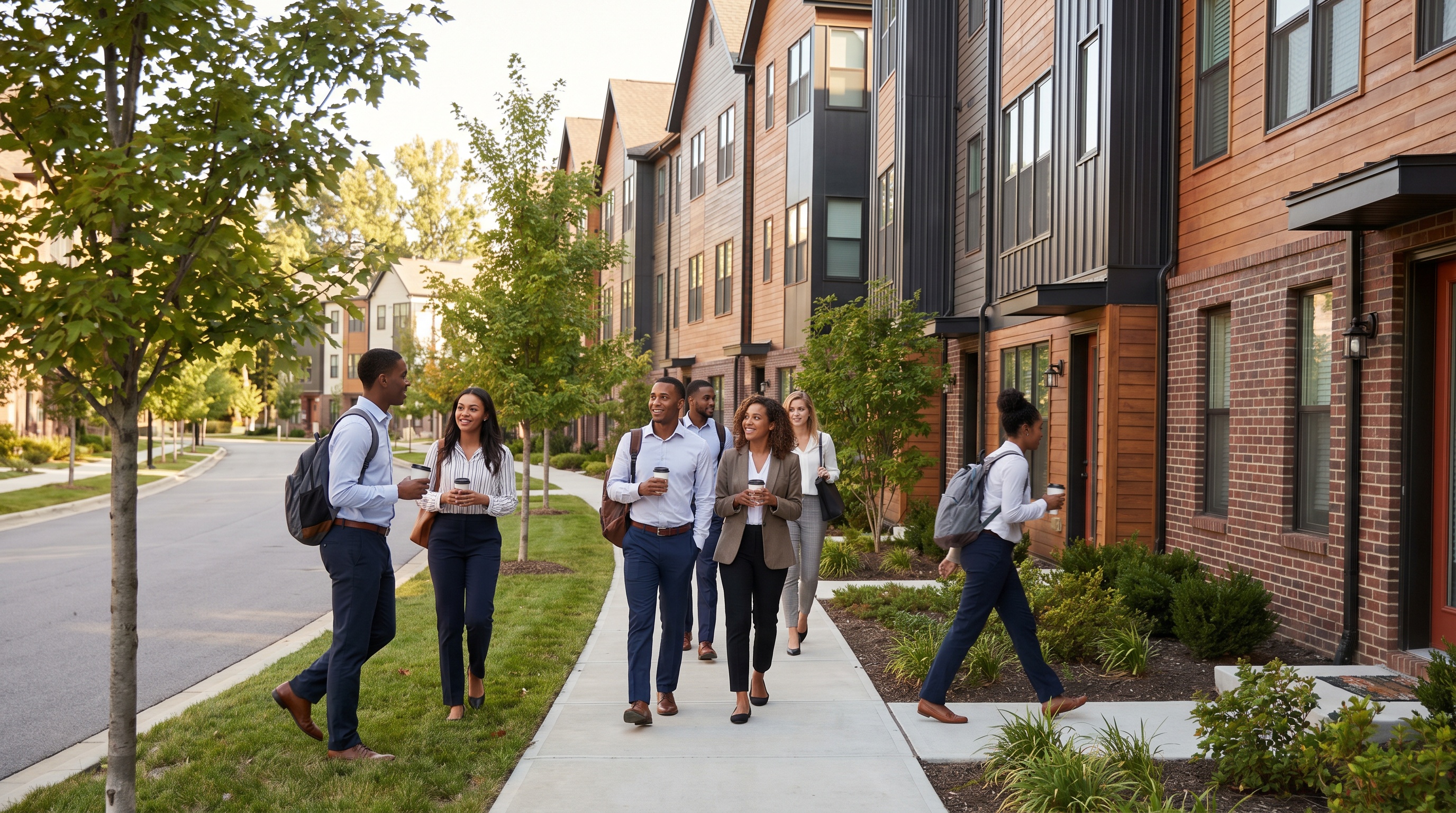 Young professionals walking in suburban neighborhood with modern townhomes