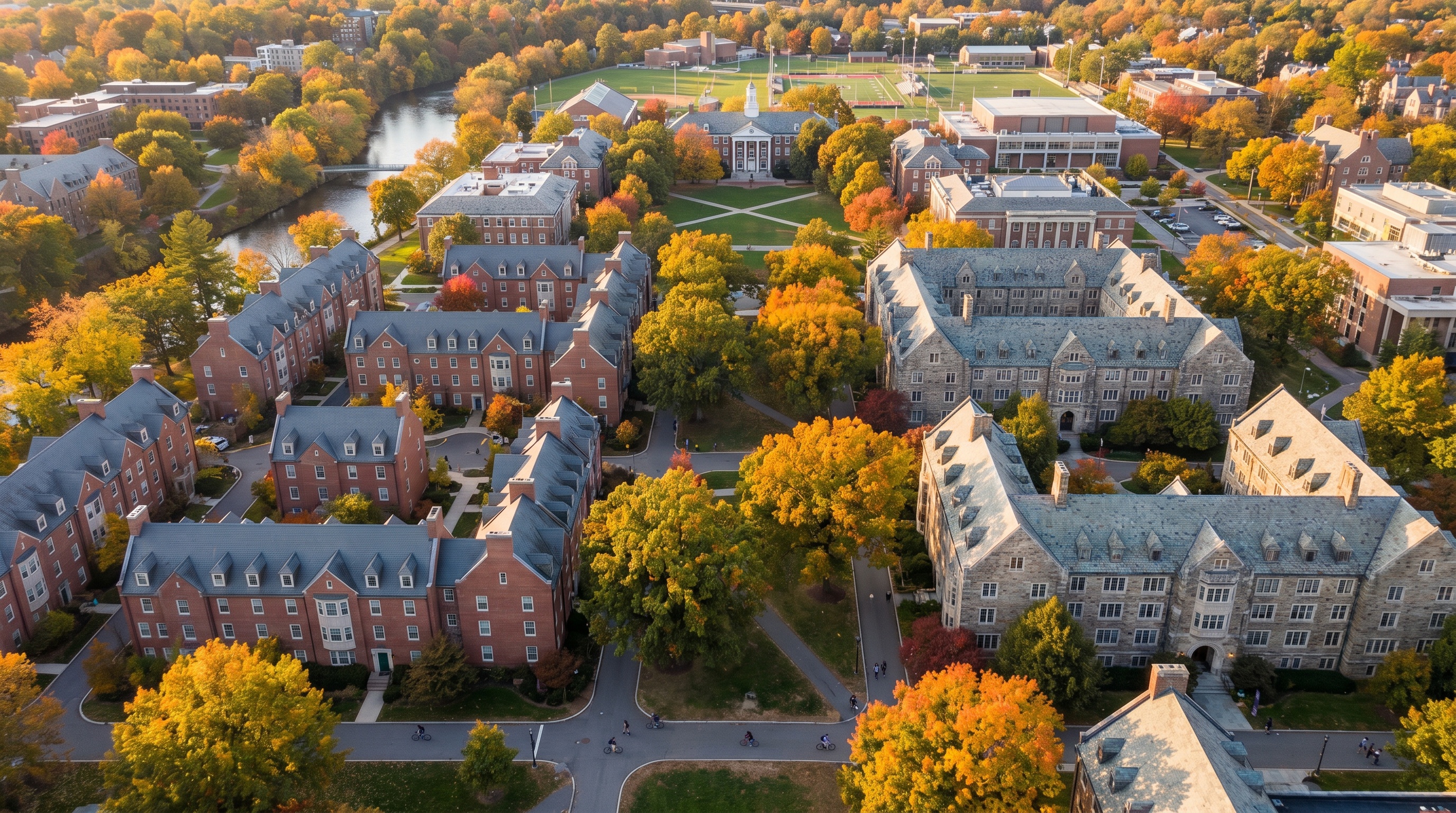 Aerial view of university campus with student housing