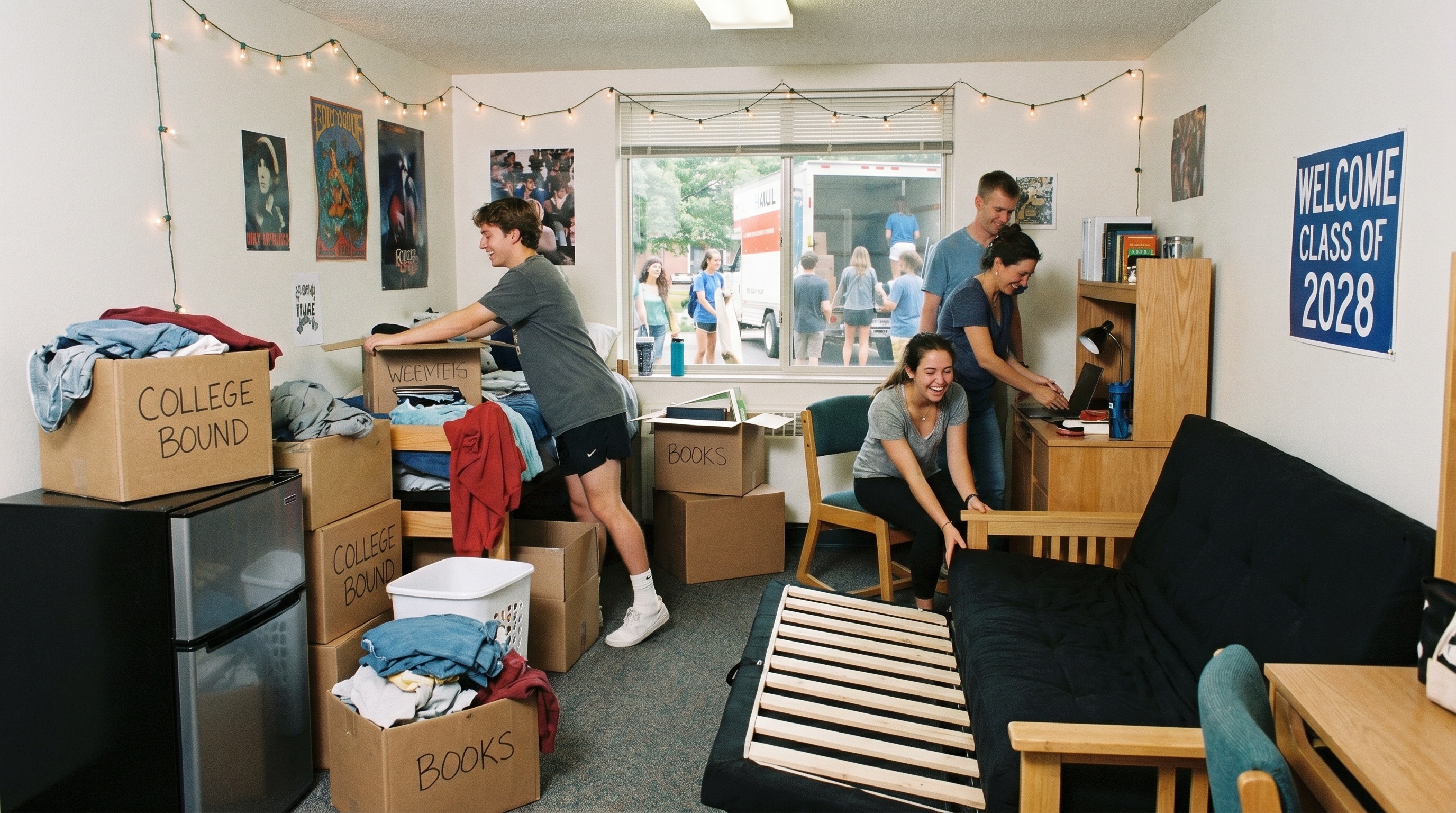 College students moving into dorm room