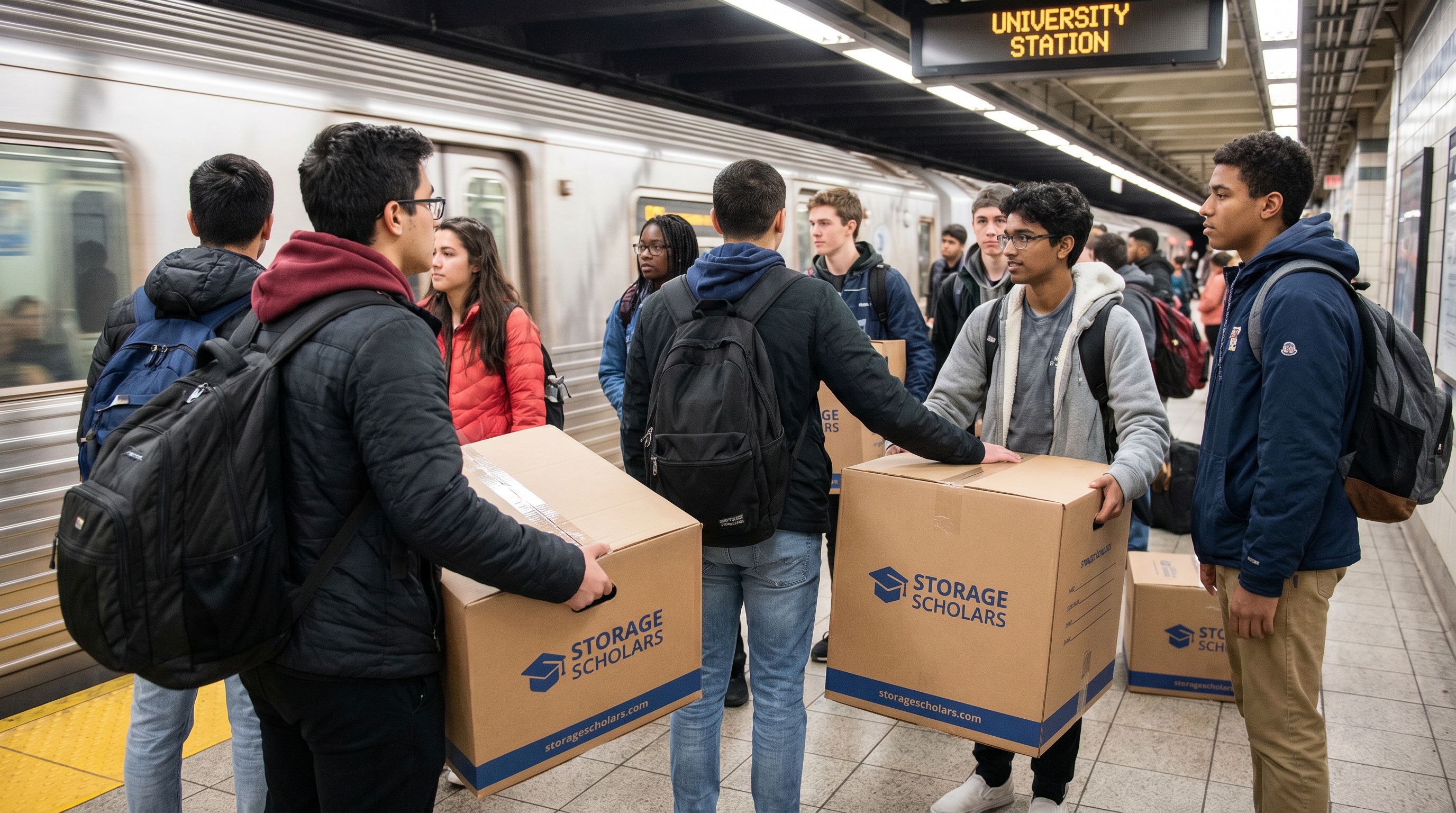 diverse group of college students on subway platform with backpacks and Storage Scholars moving boxes