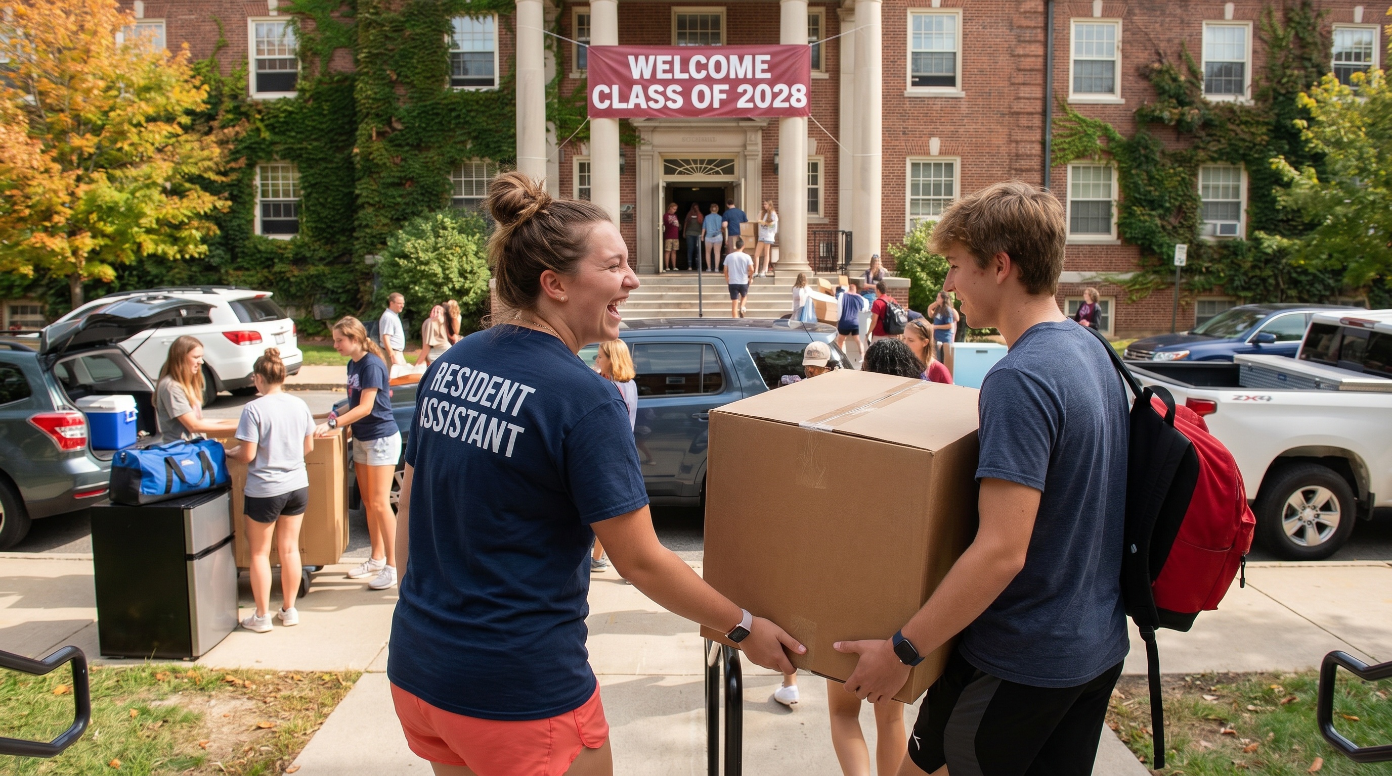 Resident assistant helping students move into dorm