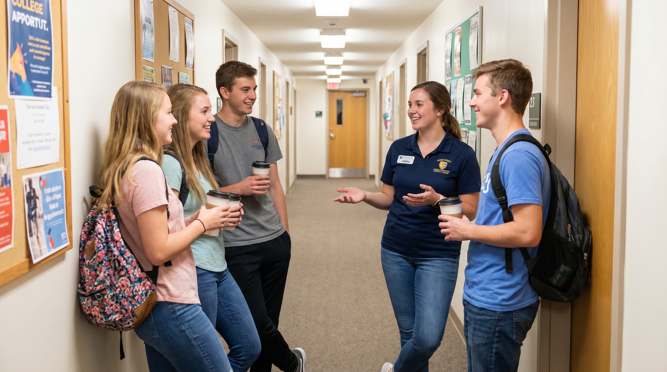 Students chatting with RA in dorm hallway