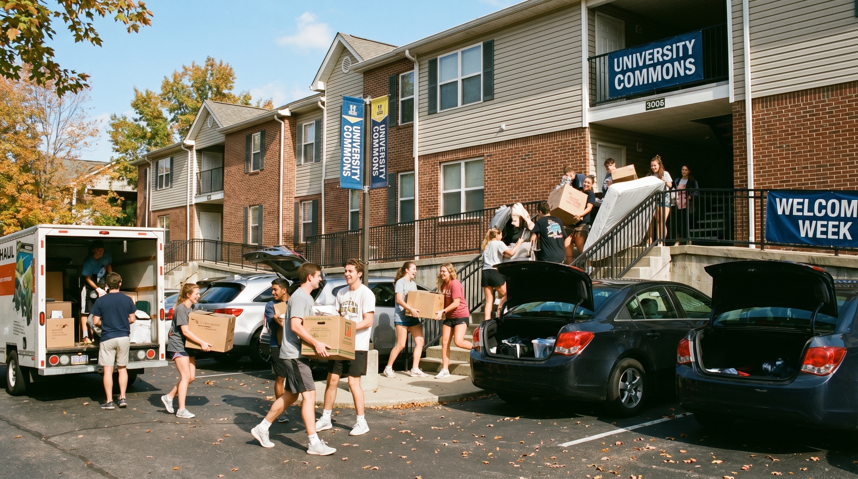 College students moving boxes at Lubbock apartment complex