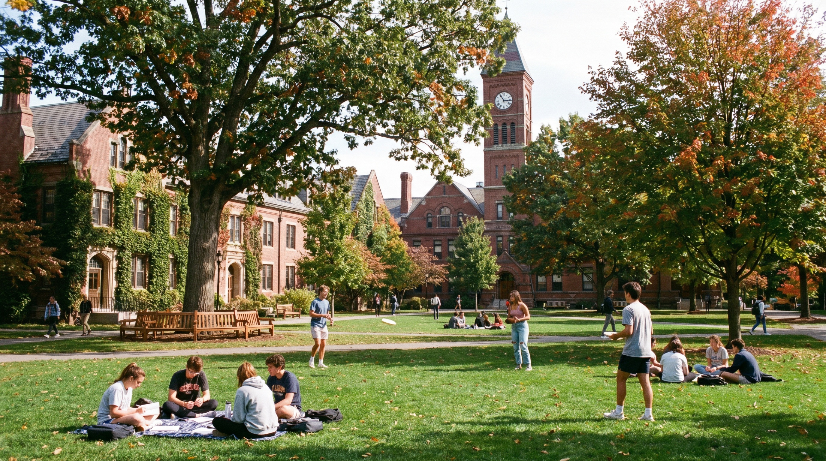 College campus outdoor green space and quad