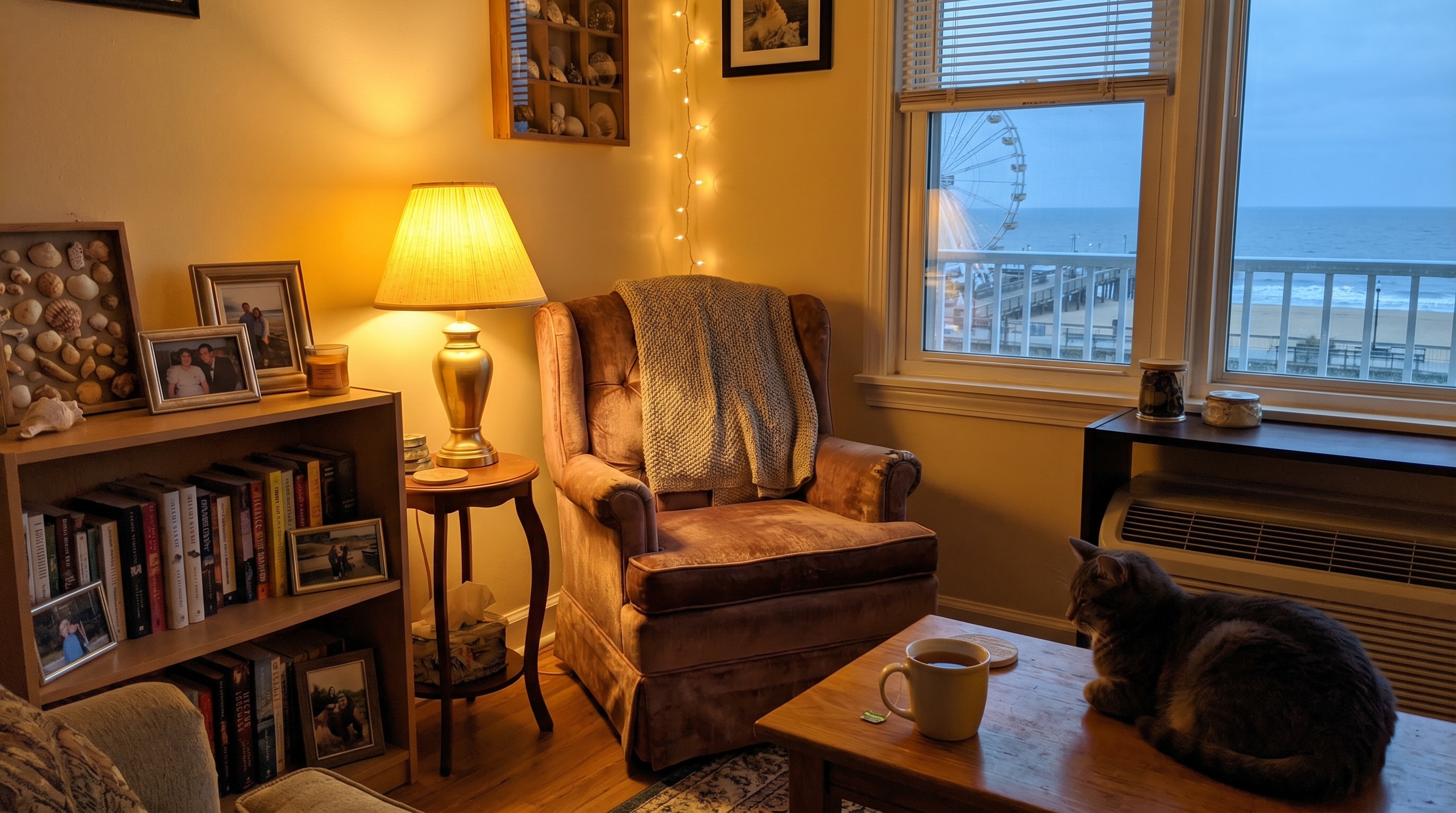 Cozy Virginia Beach apartment with warm lighting and personal touches