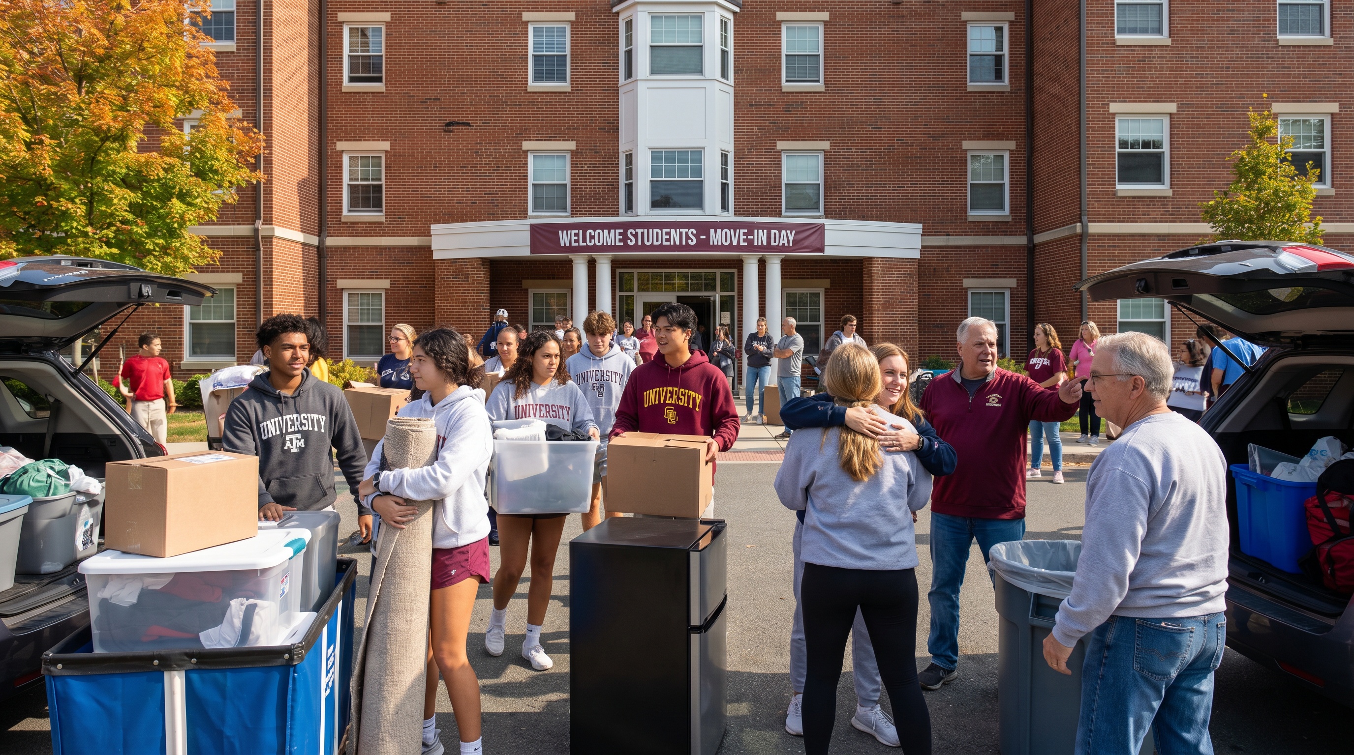 College students moving into campus dormitory with boxes