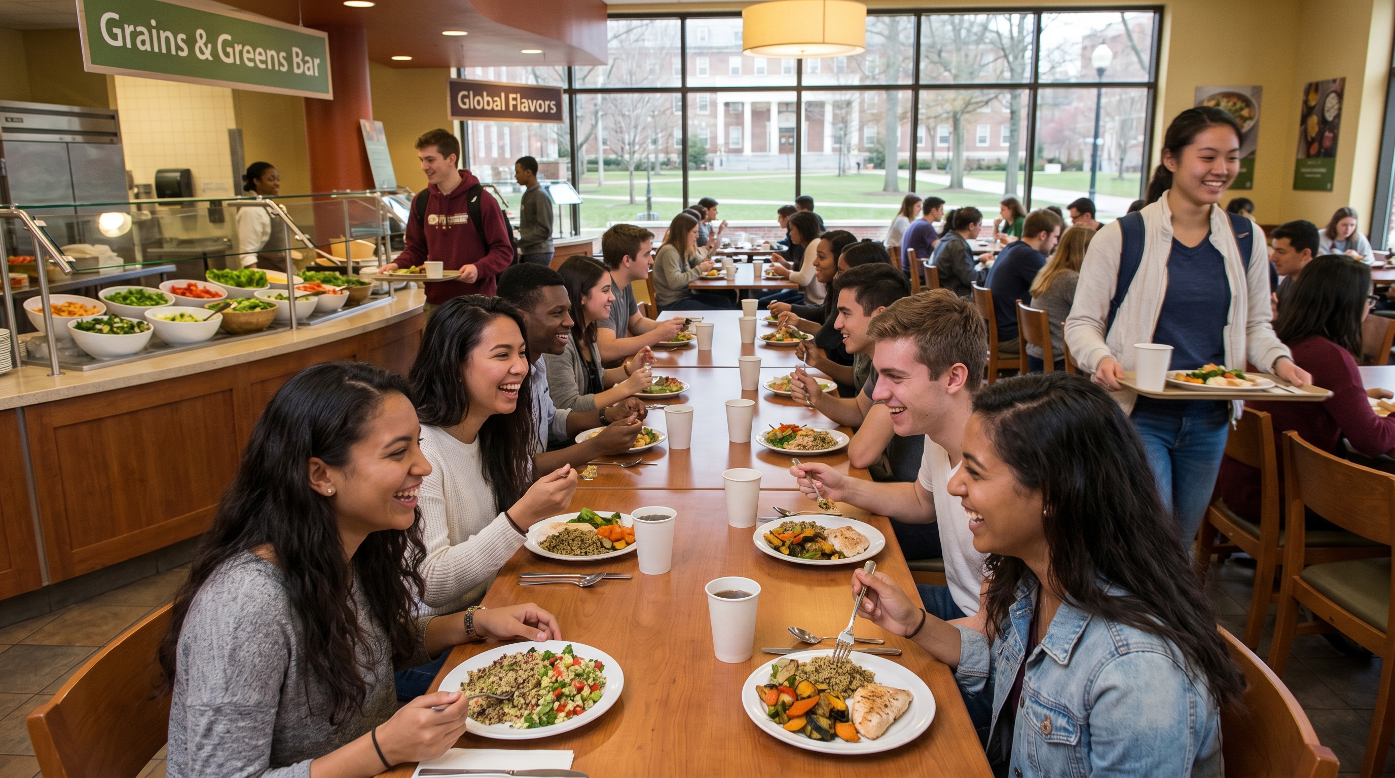 College campus dining hall with students enjoying meals