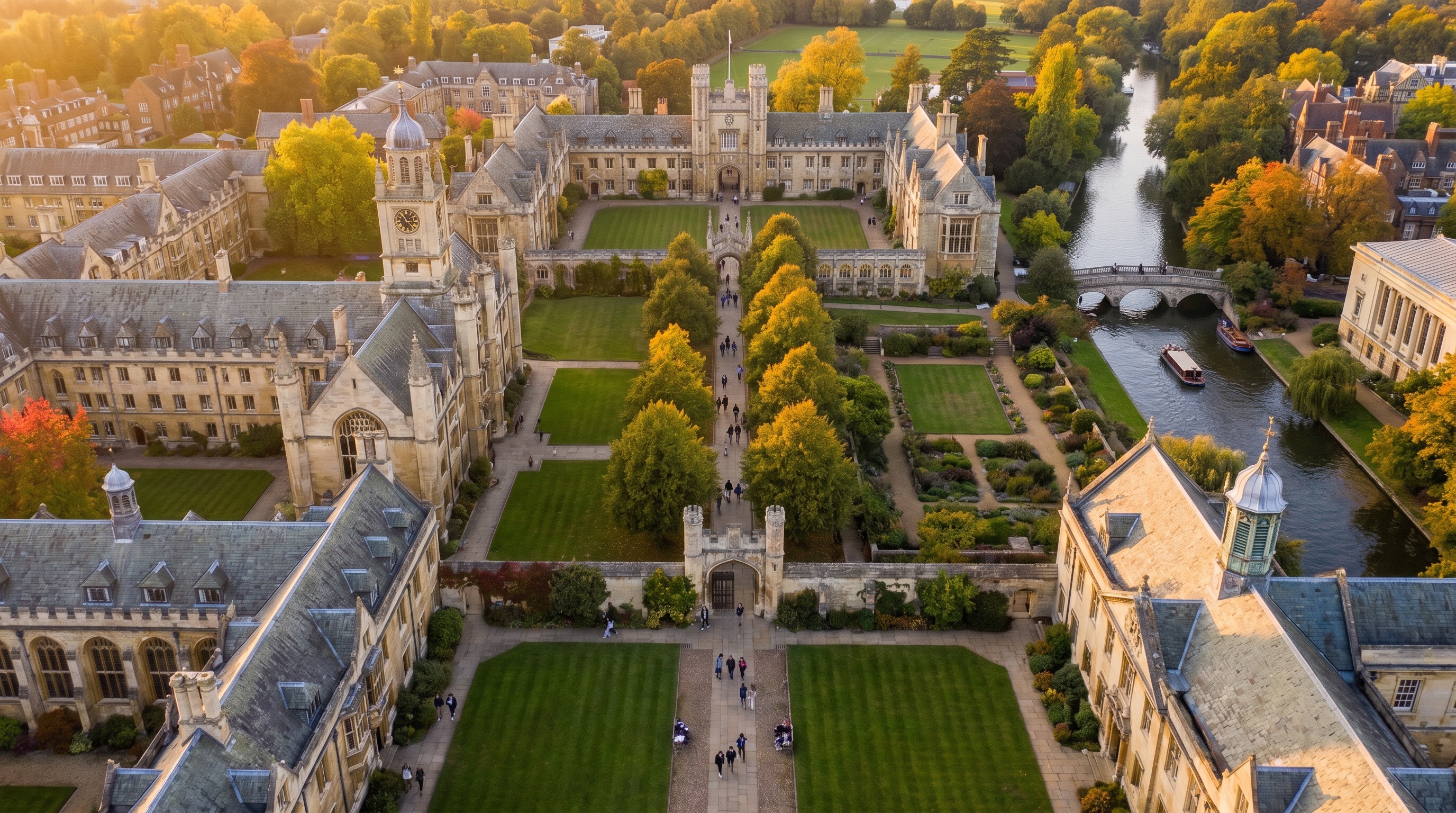 Beautiful college campus aerial view with academic buildings and green spaces