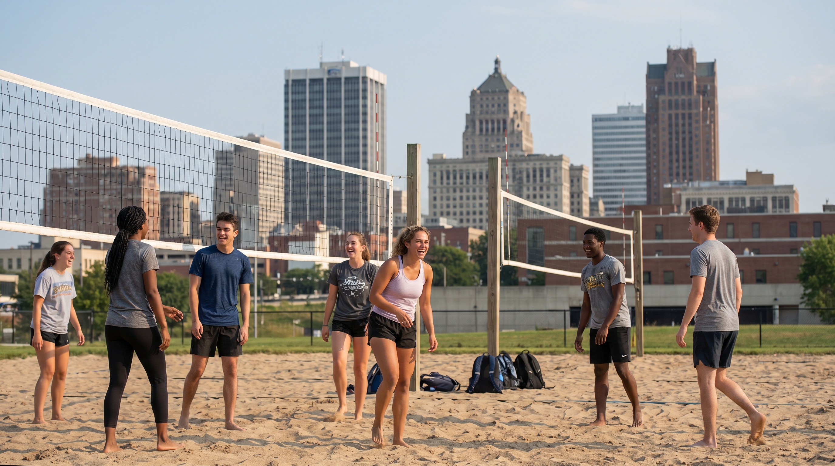 Students enjoying beach volleyball with city skyline in background