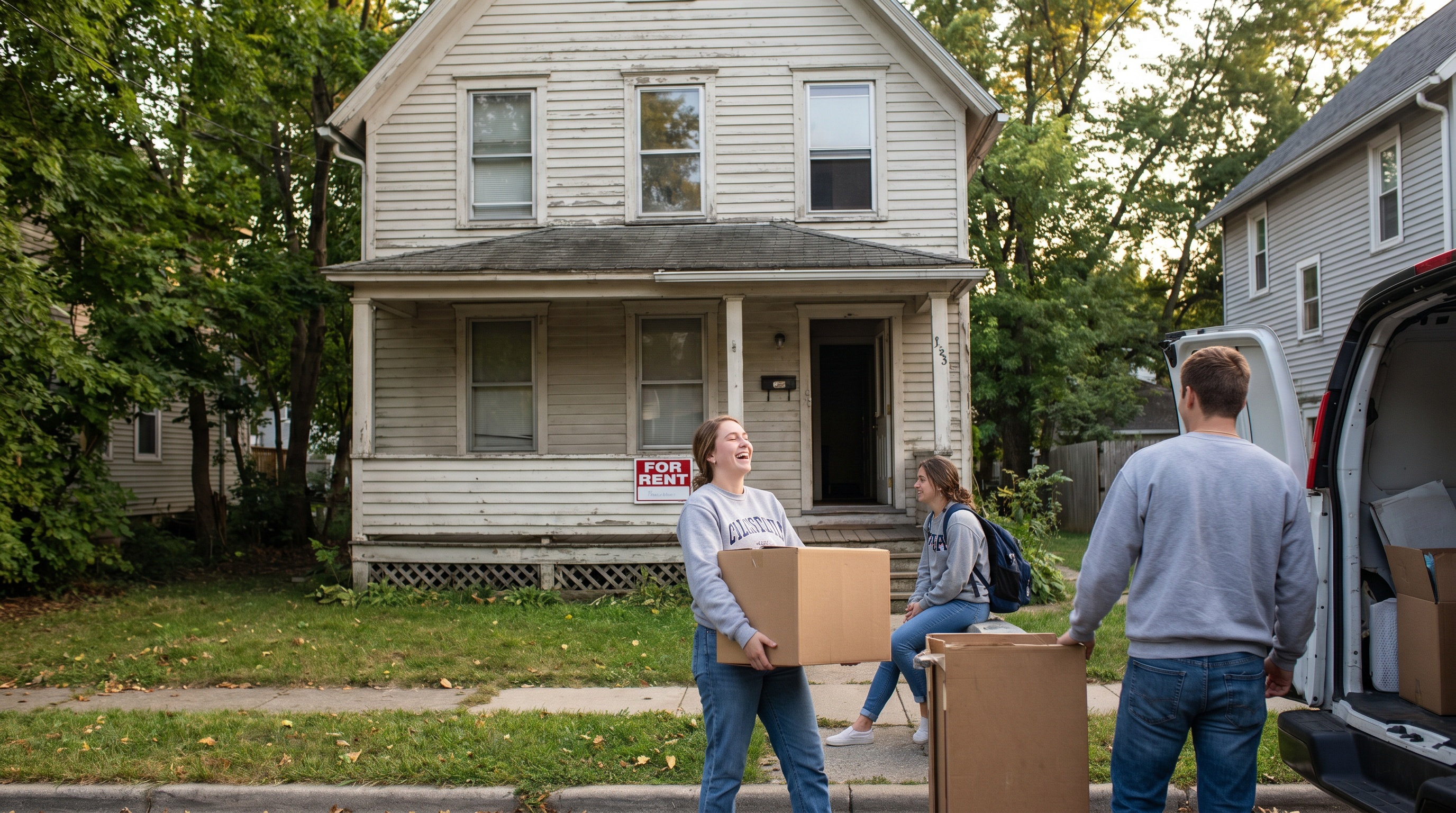 College students moving boxes into apartment