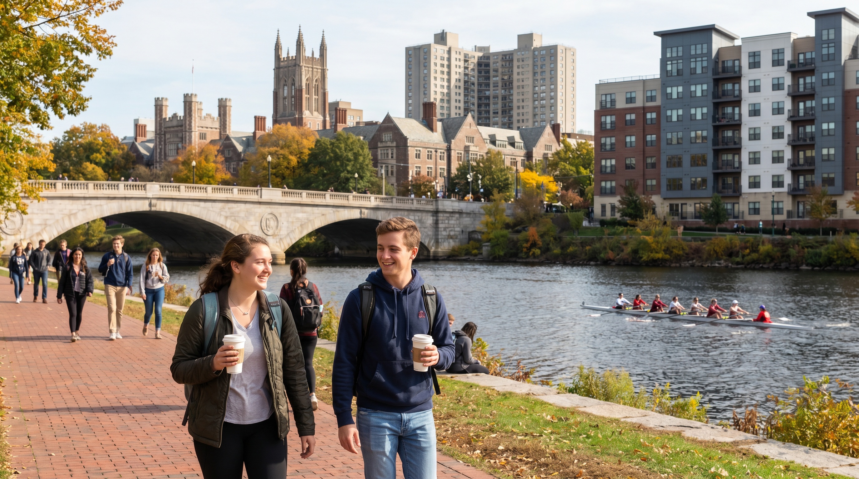 Waterfront skyline with palm trees and beach in a college town