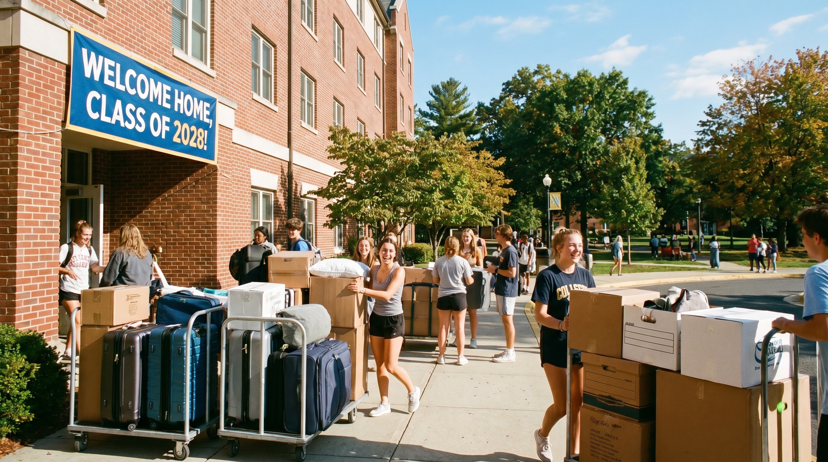 College students moving into dorm with boxes and belongings