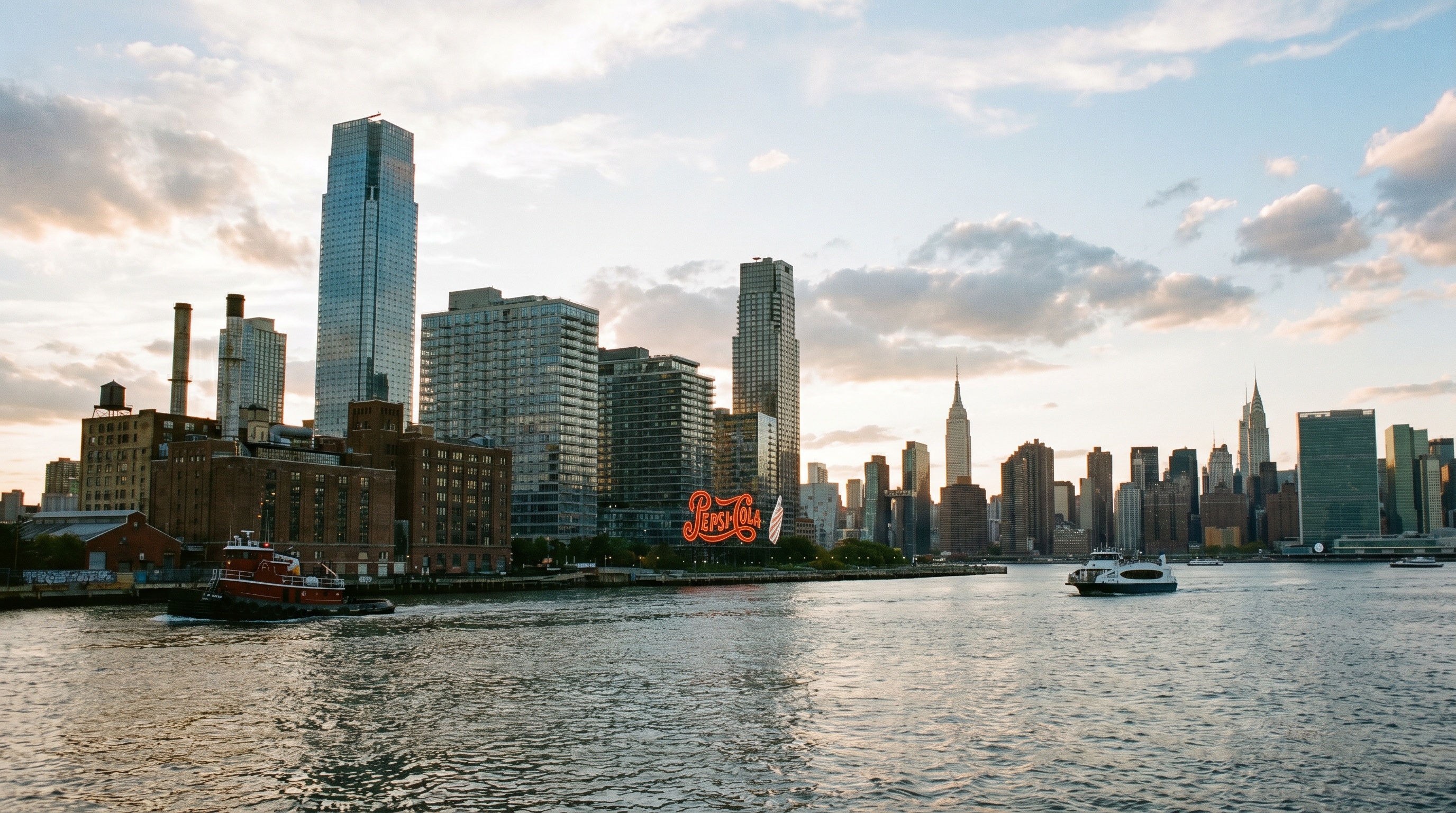 Long Island City skyline view from East River with Manhattan background