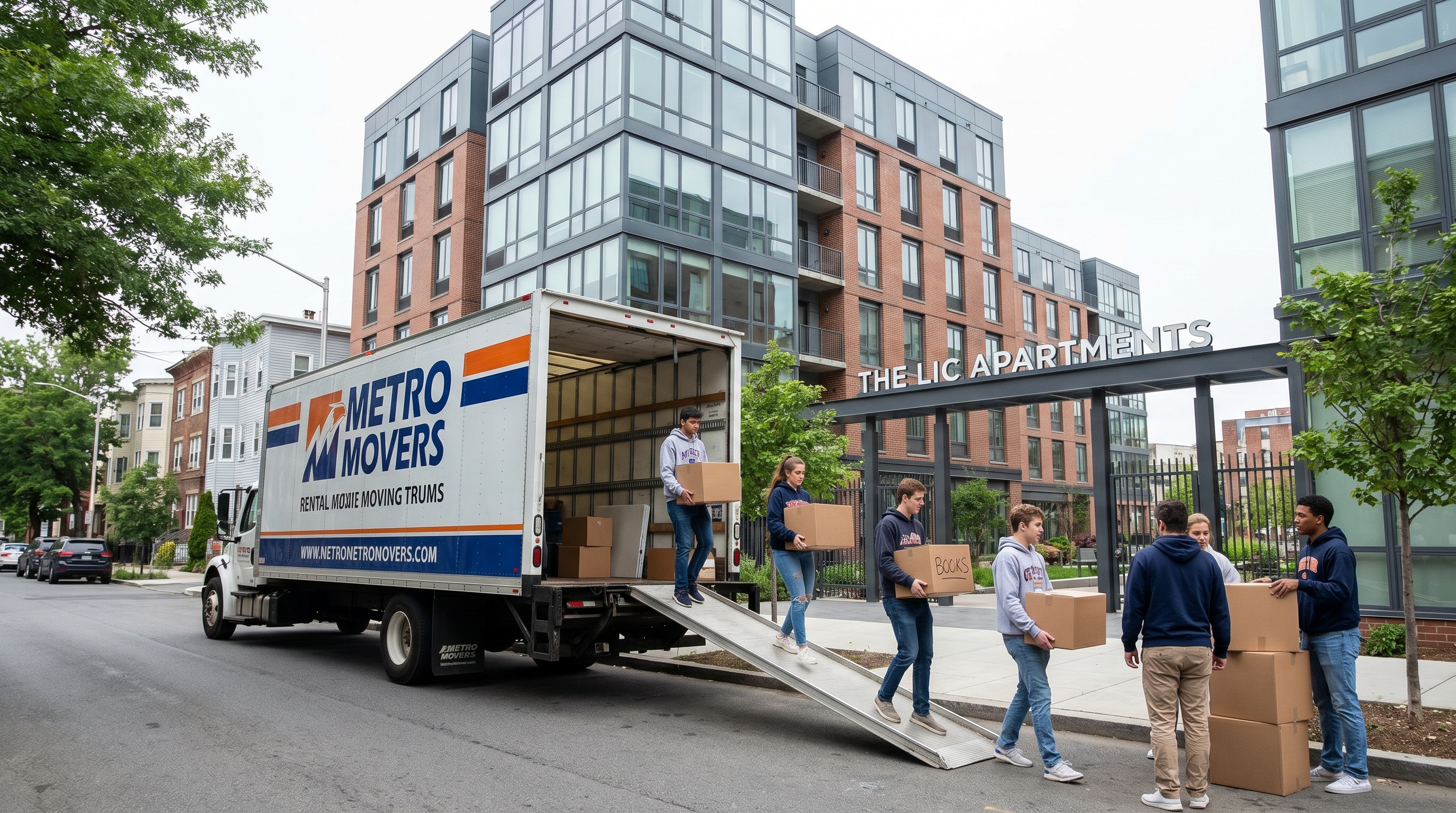 Moving truck parked outside modern LIC building with students unloading boxes