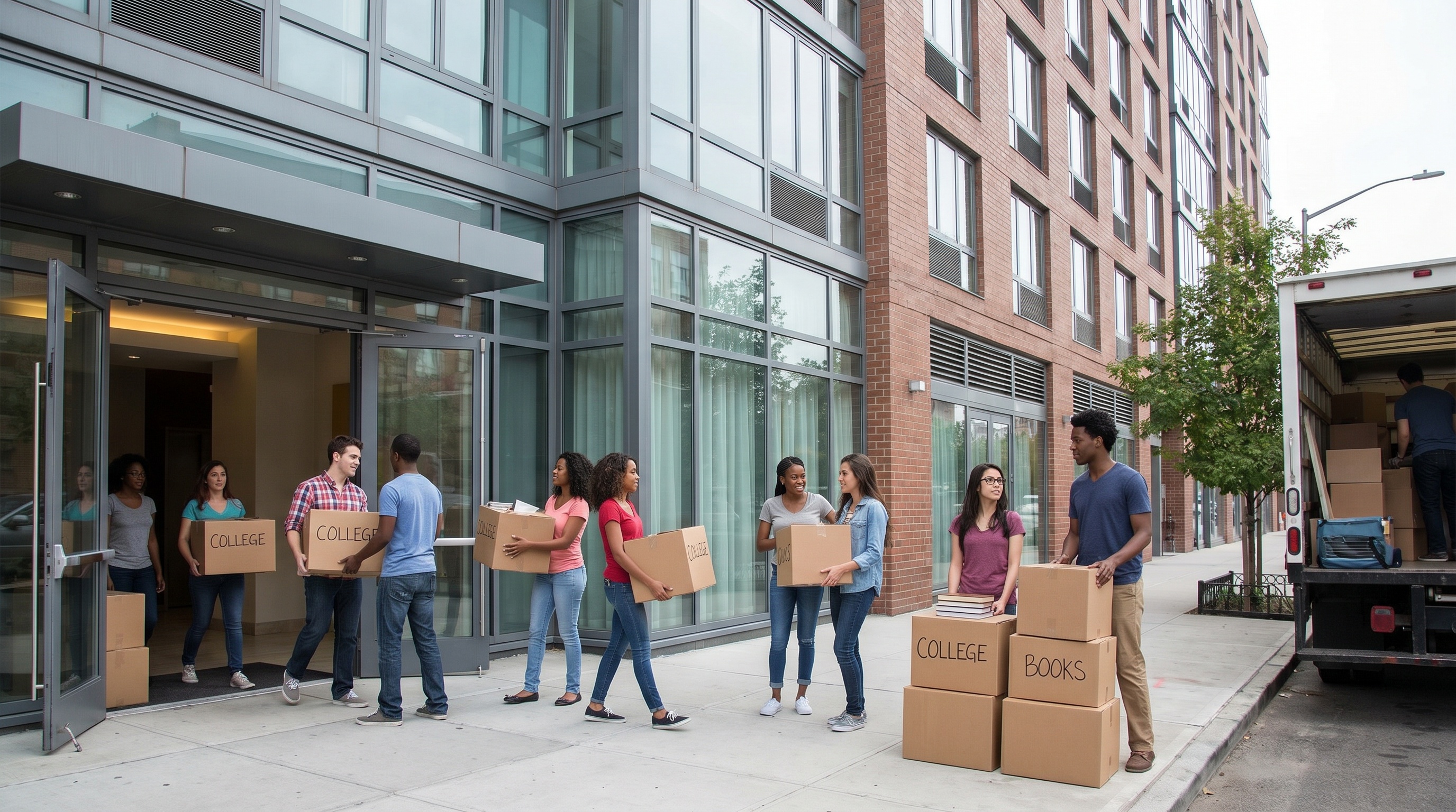 College students moving boxes in modern LIC apartment building