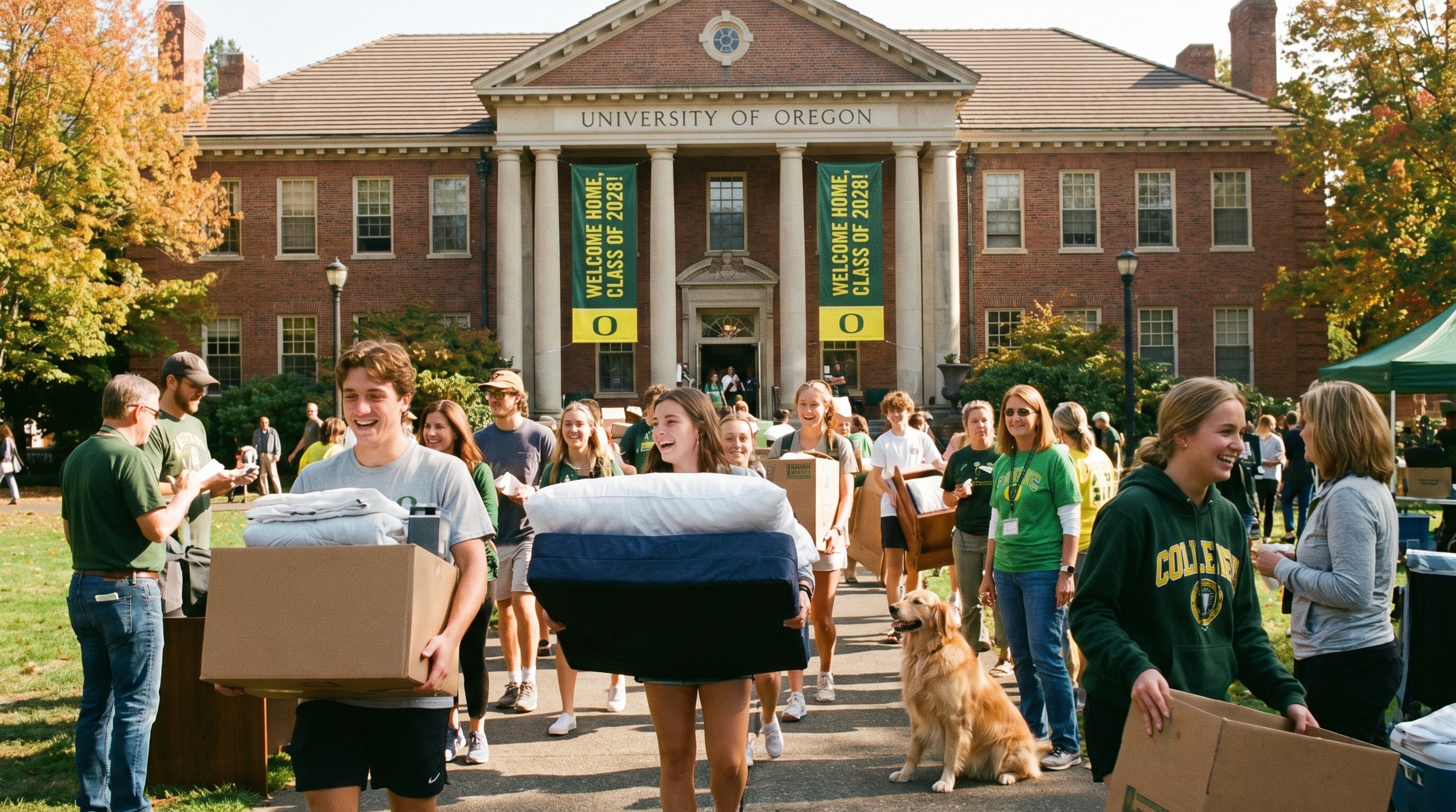 College students moving into dorm with boxes and belongings