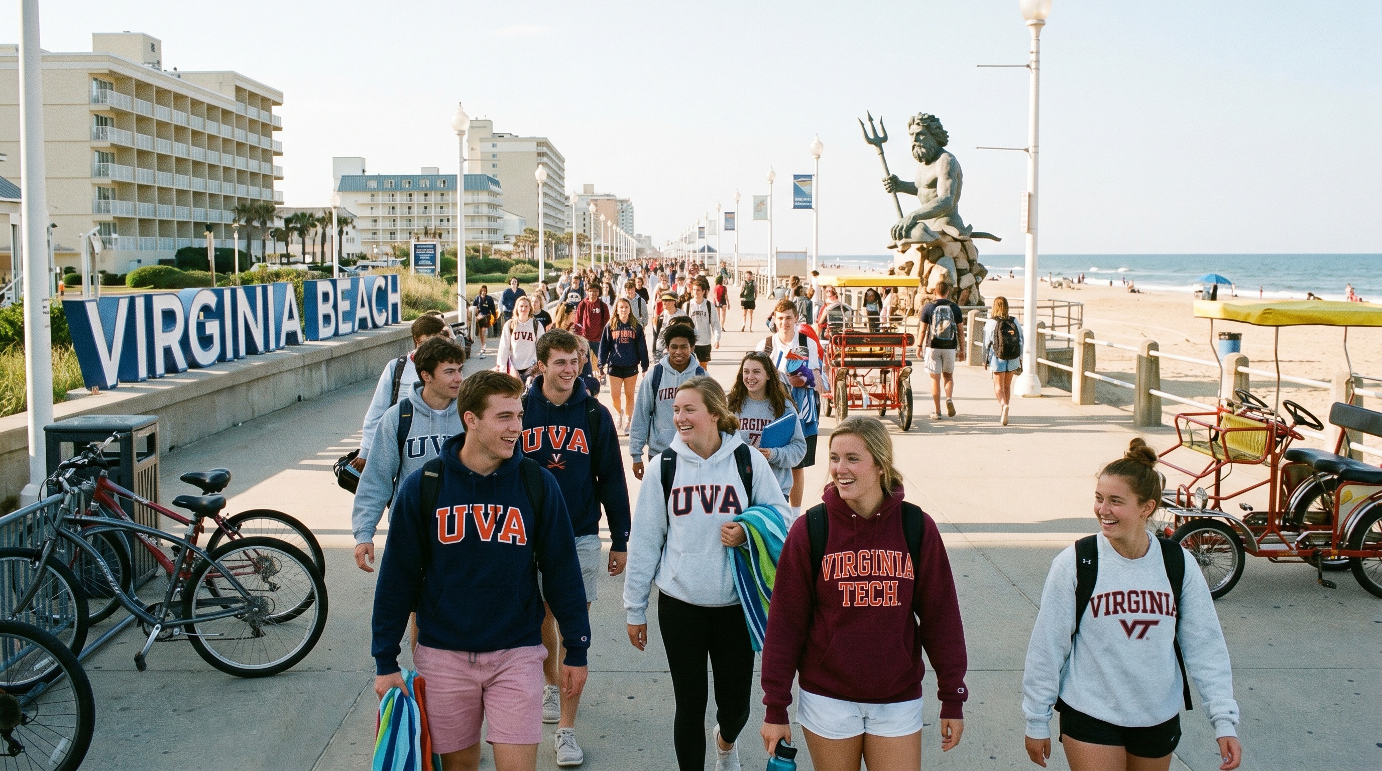 Virginia Beach boardwalk with college students walking